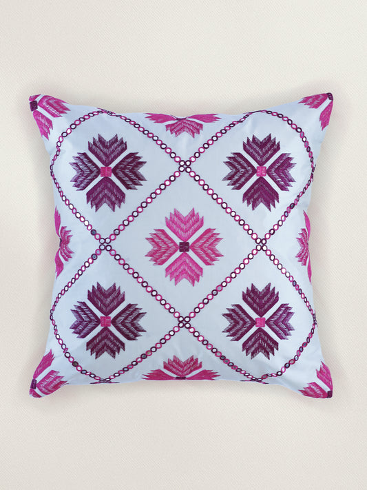 Hand Embroidered Taffeta Cushion Cover 16x16 Inch, Pink