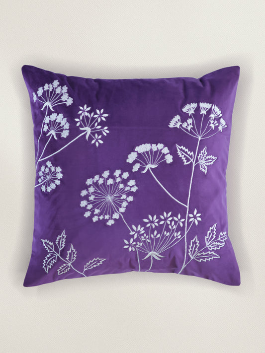 Embroidered Velvet Cushion Cover 16x16inch, Purple