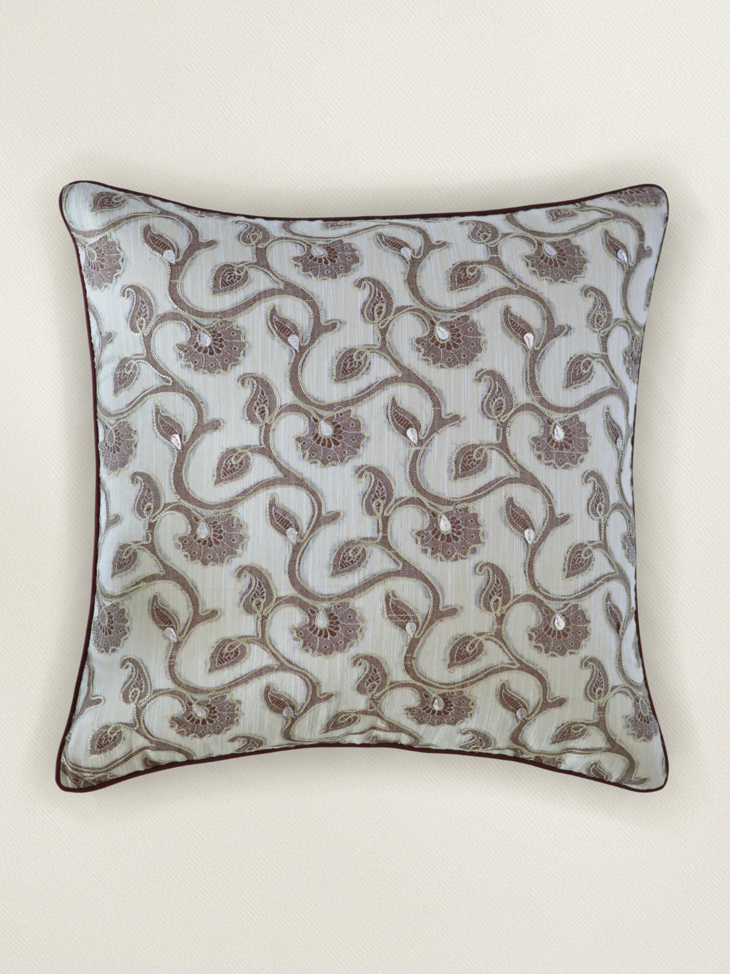 Hand Embroidered Cushion Cover 18 Inch x 18 Inch | Cord piping | Cream