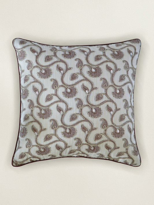 Hand Embroidered Cushion Cover 18 Inch x 18 Inch | Cord piping | Cream