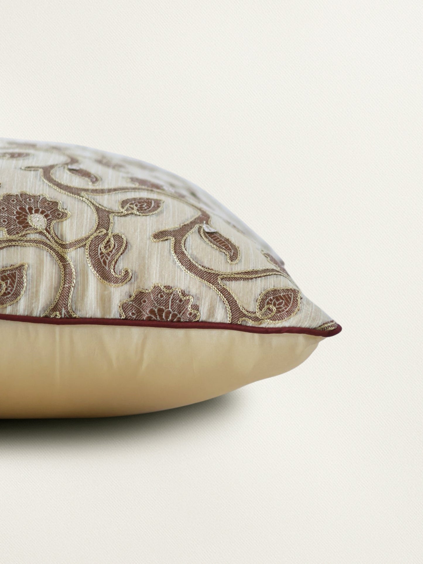 Hand Embroidered Cushion Cover 18 Inch x 18 Inch | Cord piping | Cream