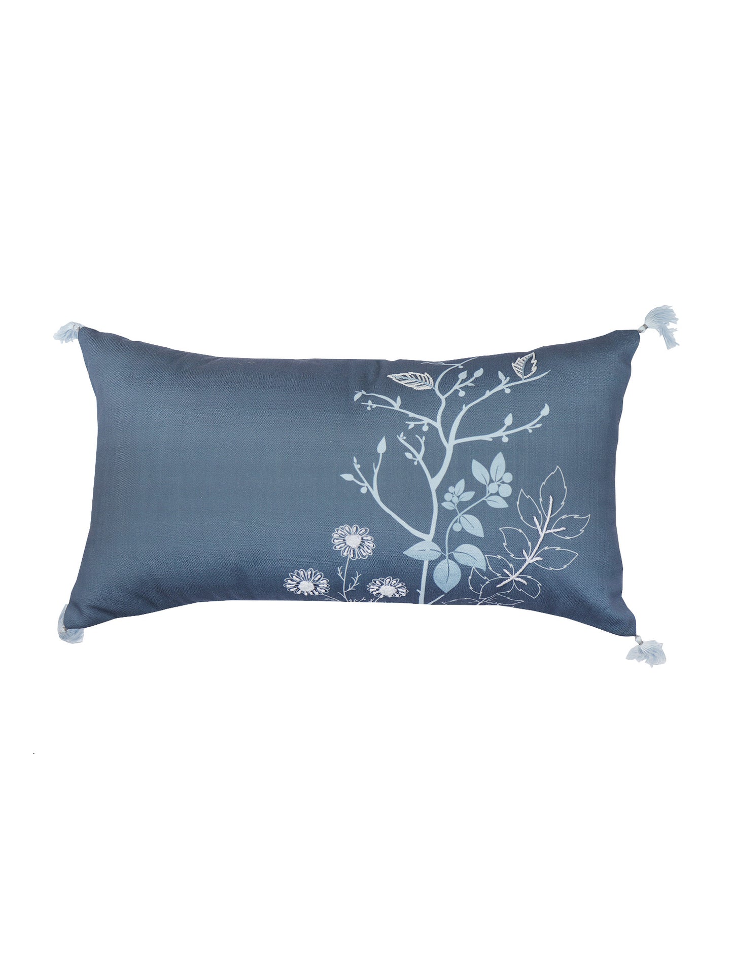 Cushion Cover for Sofa, Bed | PolyCanvas with Floral Print & Tassels | Blue - 12x22in(30x56cm) (Pack of 1)