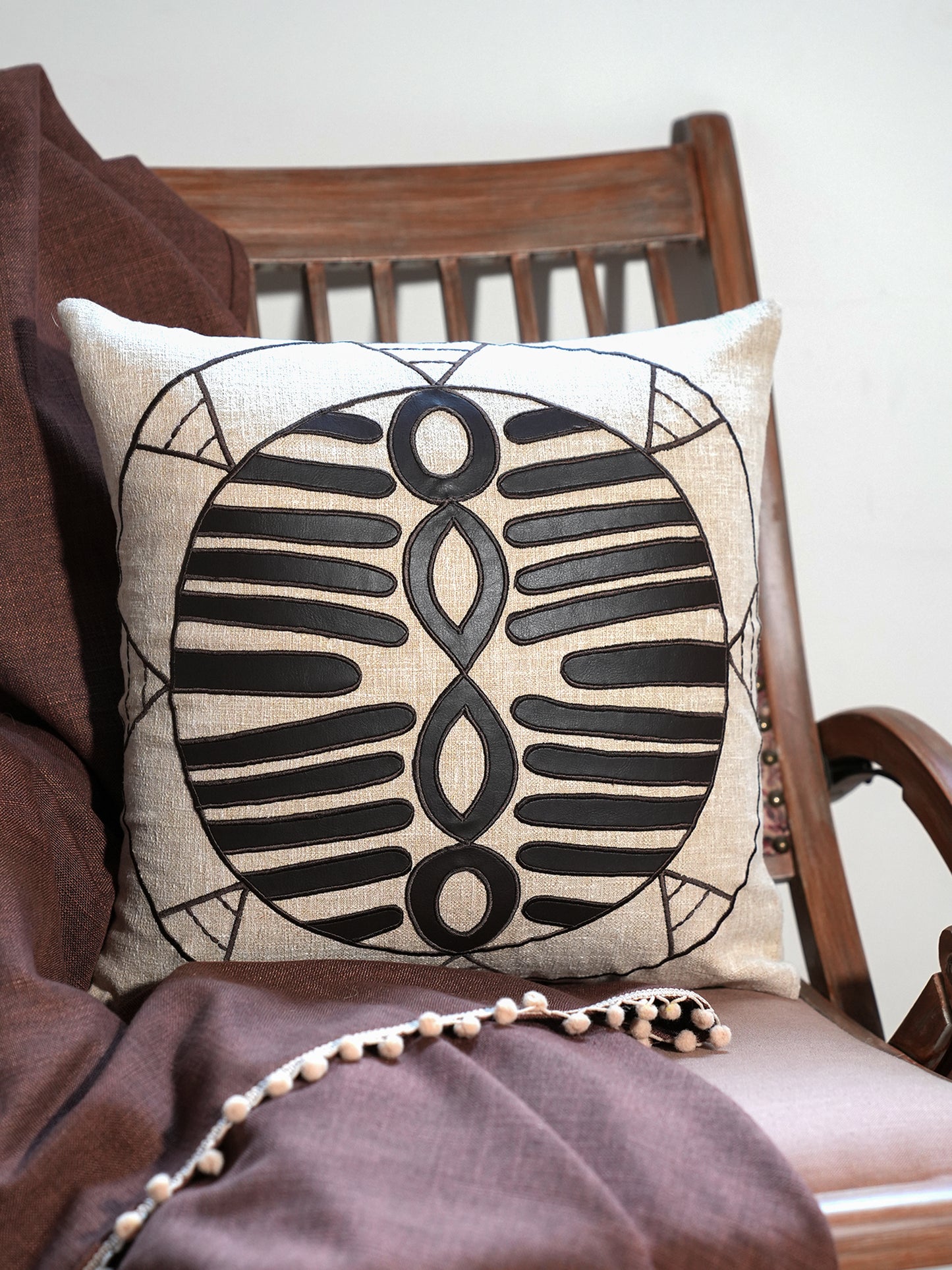 Brown & Beige Applique Embroidered | 16 x 16 inch Leather Cushion Cover