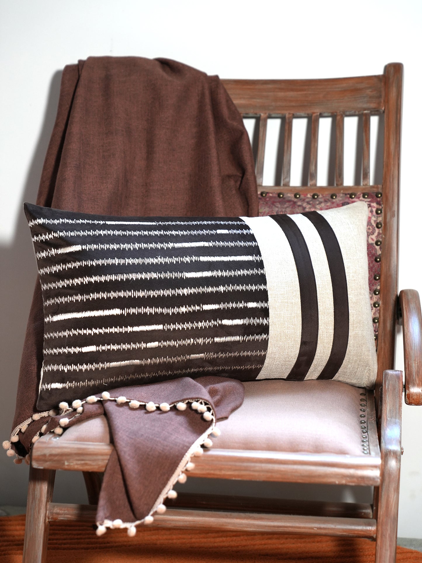 Brown & White Embroidered | 12 x 22 inch Rectangular Cushion Cover
