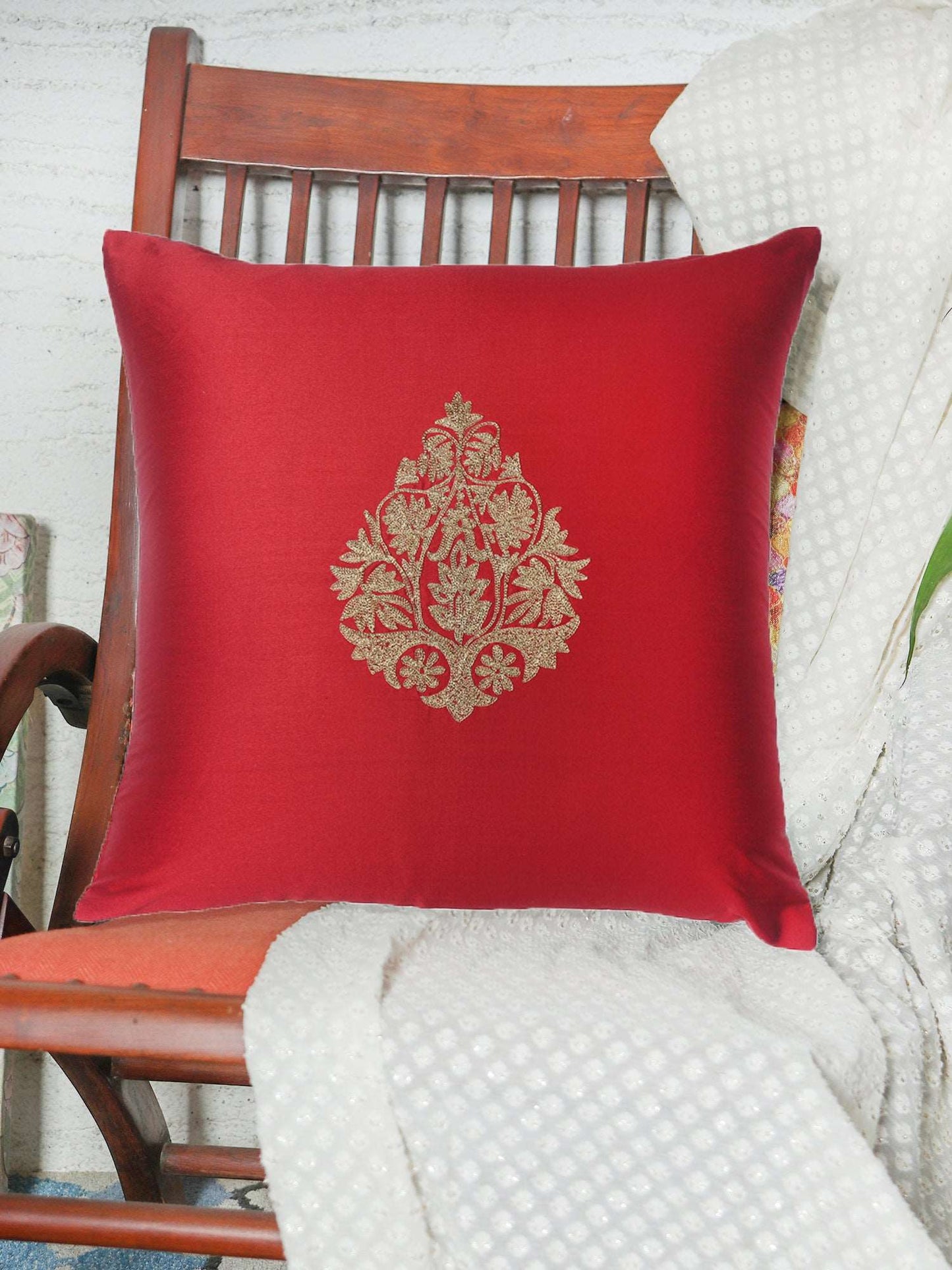 Cushion Cover for Sofa, Bed Polyester Motif Embroidery | Red - 16x16in(40x40cm) (Pack of 1)