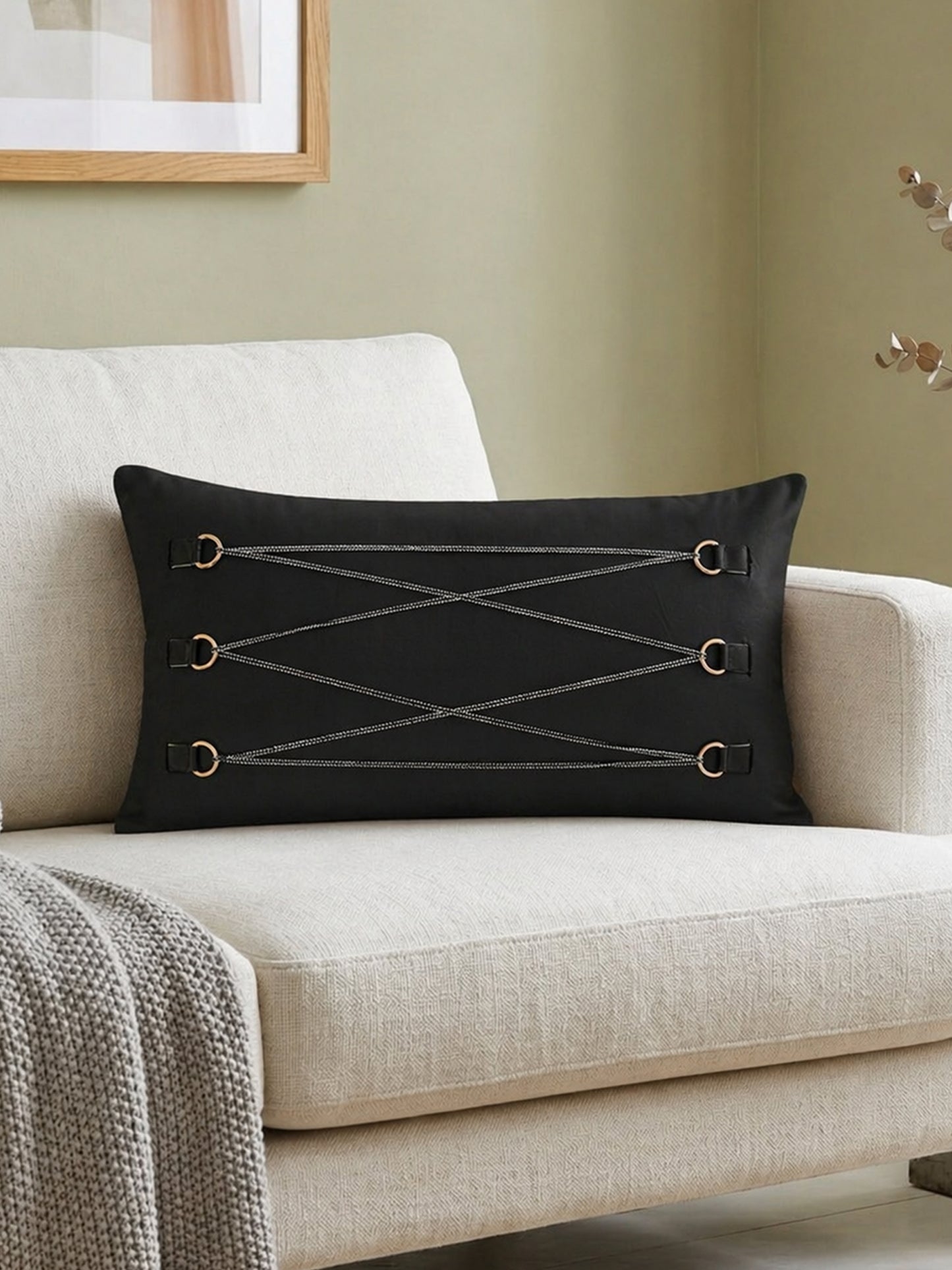 Leather Buckle Detail | 12 x 22 Black Cushion Cover