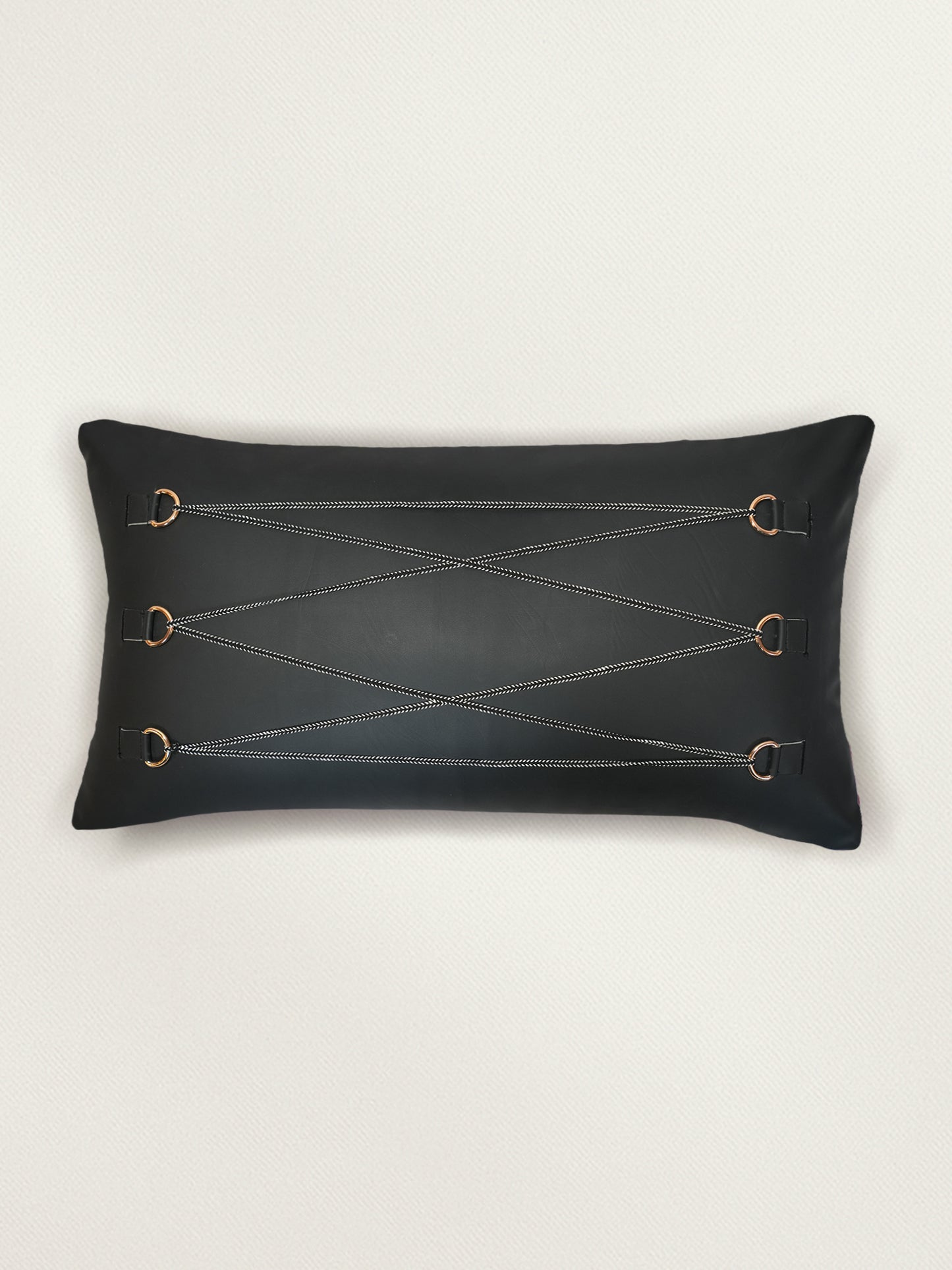 Leather Buckle Detail | 12 x 22 Black Cushion Cover