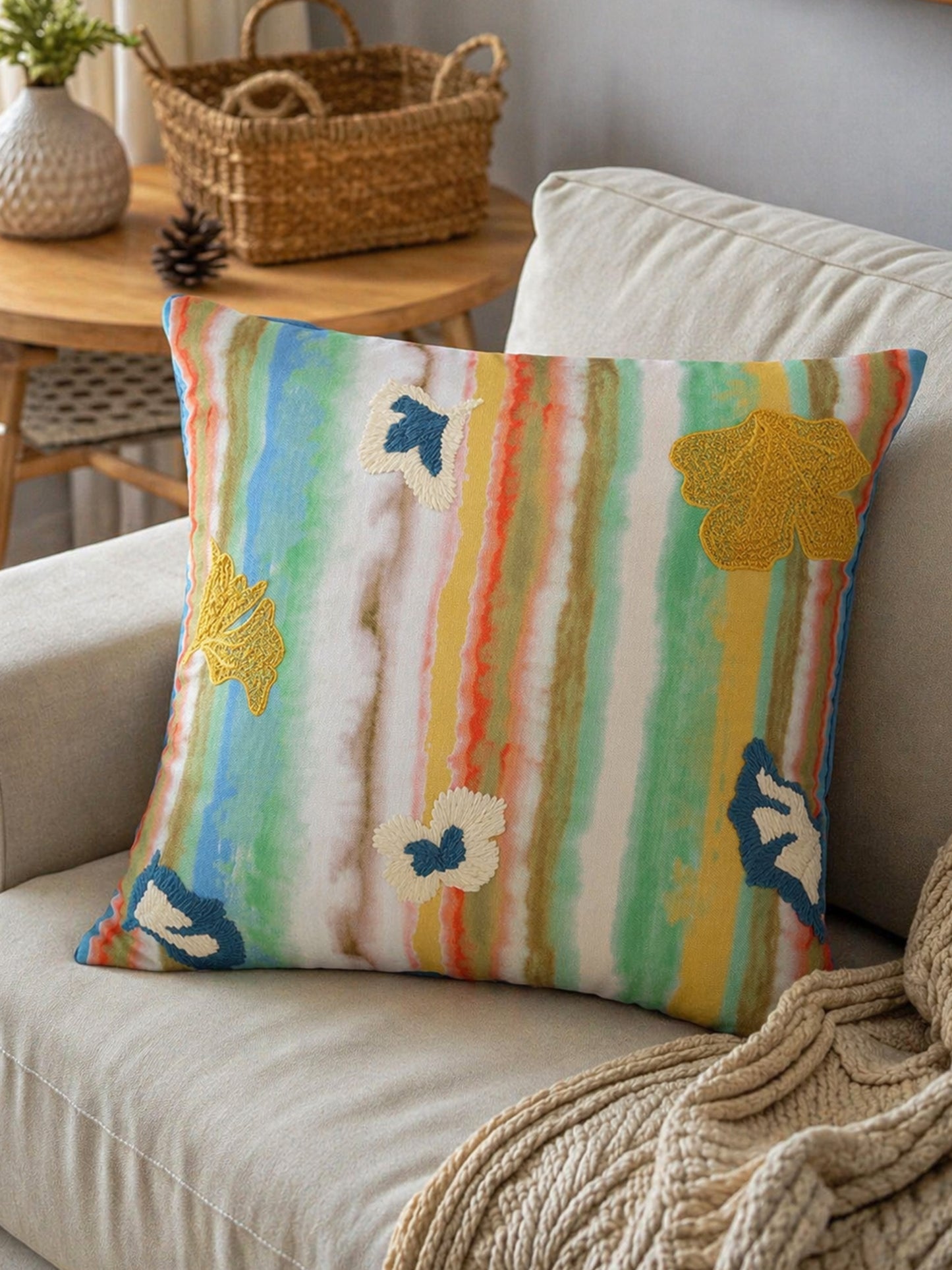 Abstract Leaf Embroidered Reversible |16 x 16 inch | Spring Summer Cushion Cover