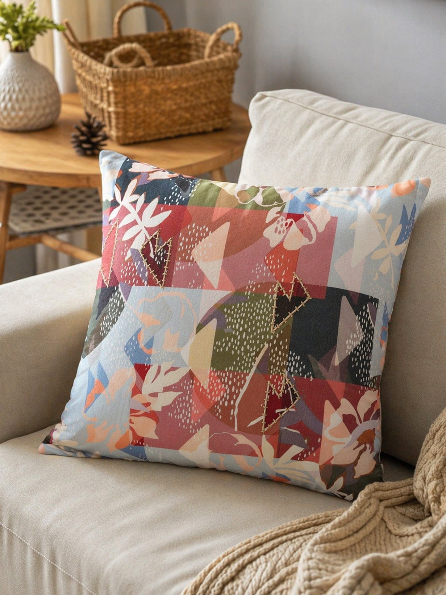 Abstract Floral Embroidered Reversible | 16 x 16 inch | Spring Summer Cushion Cover