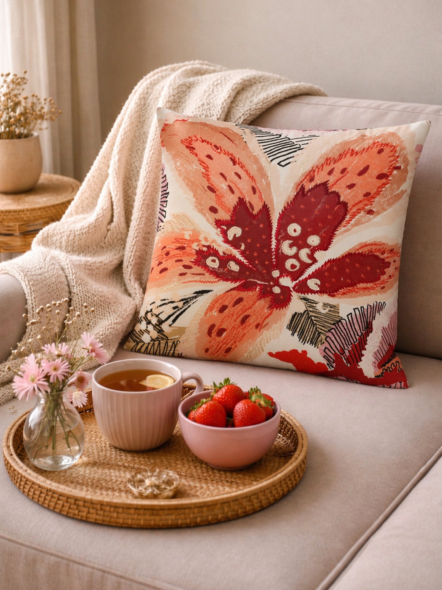 Floral Embroidered and Printed Reversible | 16 x 16 inch | Spring Summer Cushion Cover