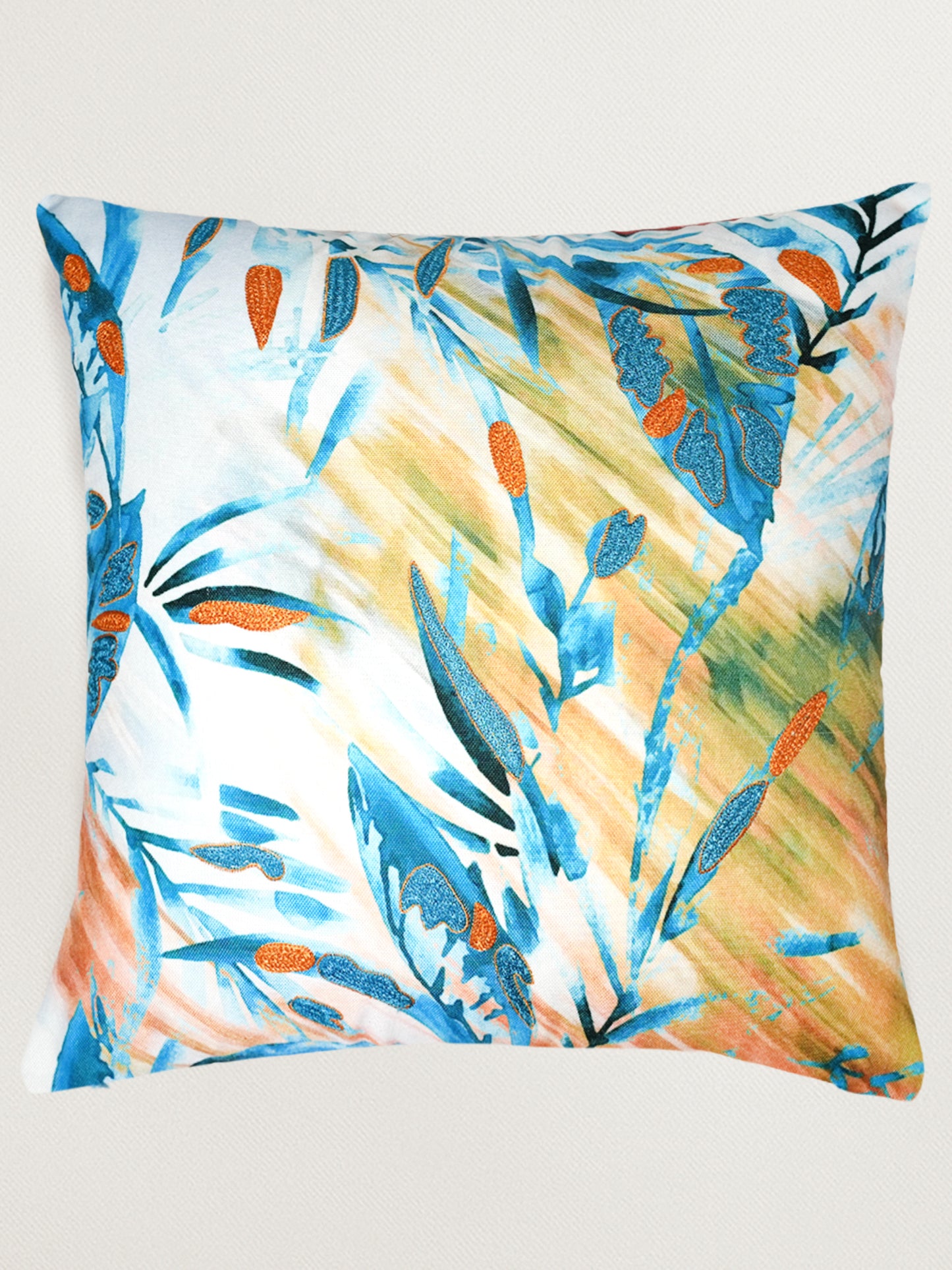 Blue Leaf Printed & Embroidered Reversible |16 x 16 inch| Spring Summer Cushion Cover