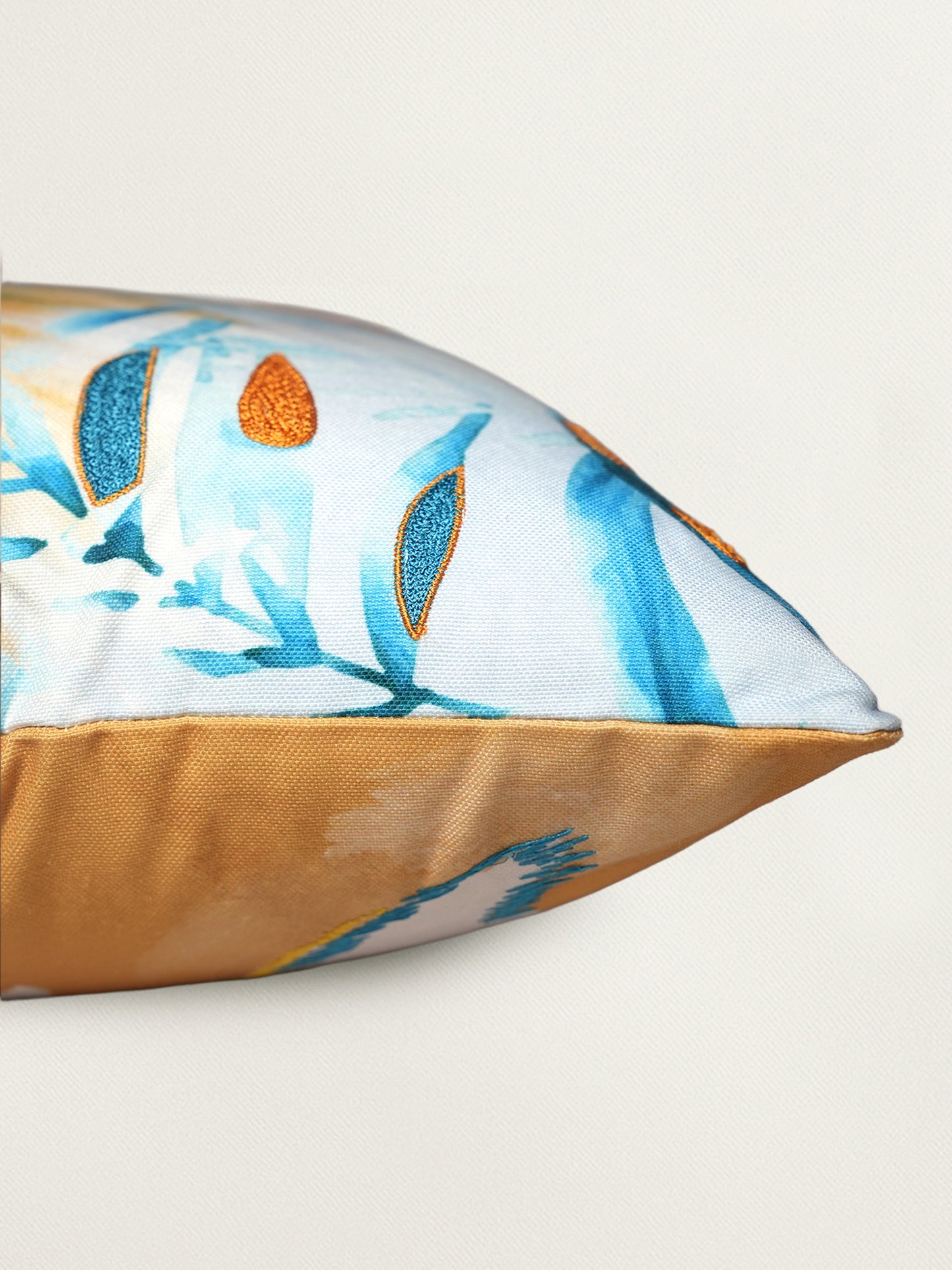 Blue Leaf Printed & Embroidered Reversible |16 x 16 inch| Spring Summer Cushion Cover