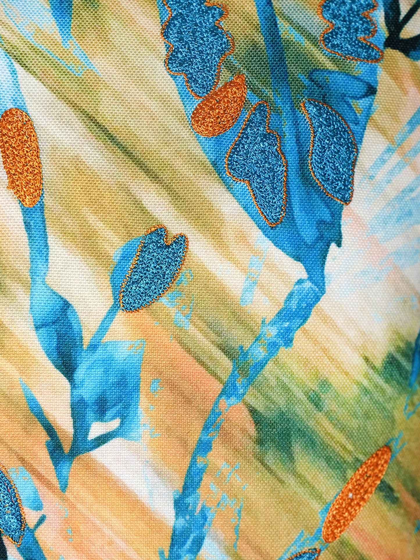 Blue Leaf Printed & Embroidered Reversible |16 x 16 inch| Spring Summer Cushion Cover