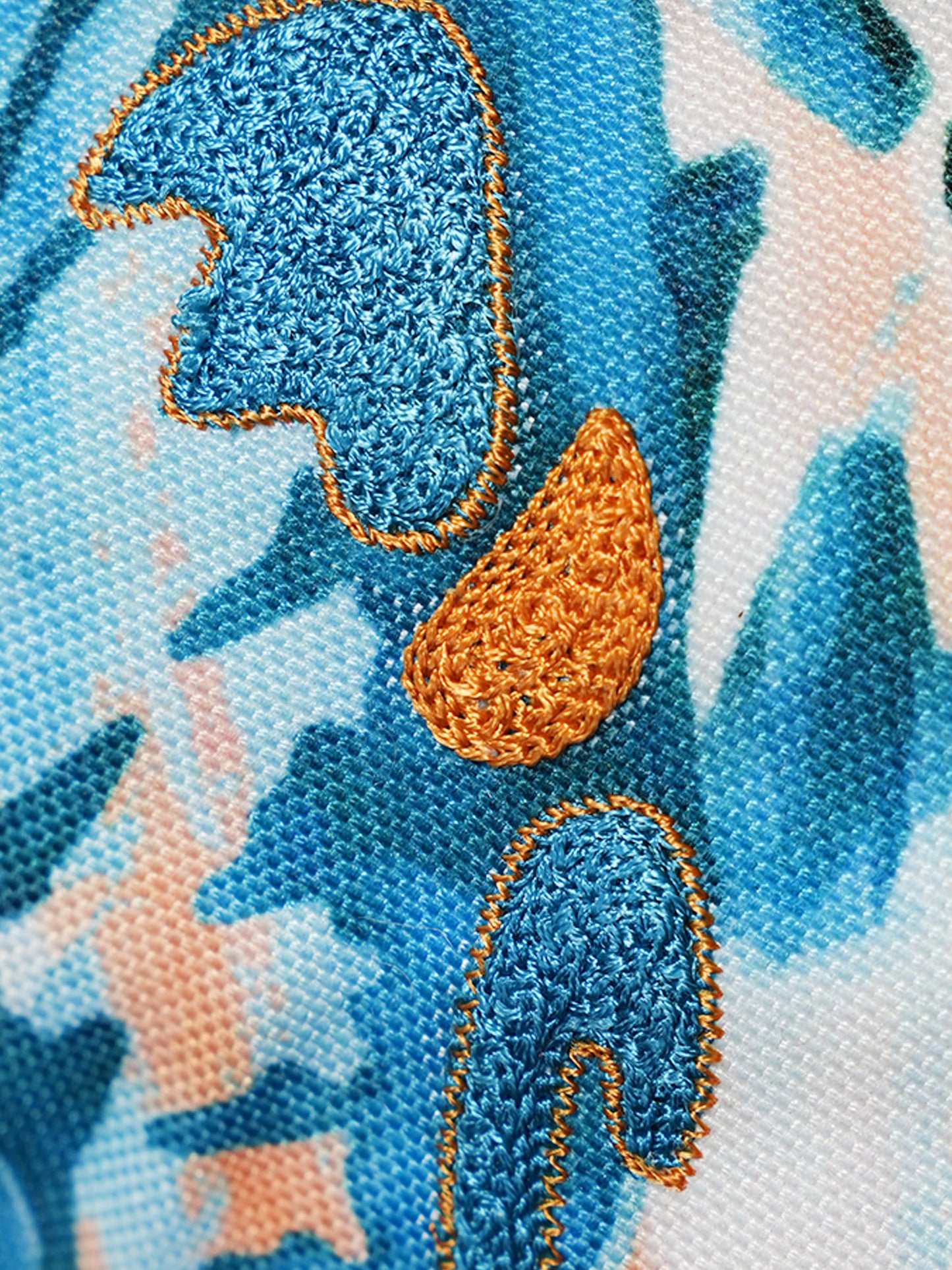 Blue Leaf Printed & Embroidered Reversible |16 x 16 inch| Spring Summer Cushion Cover