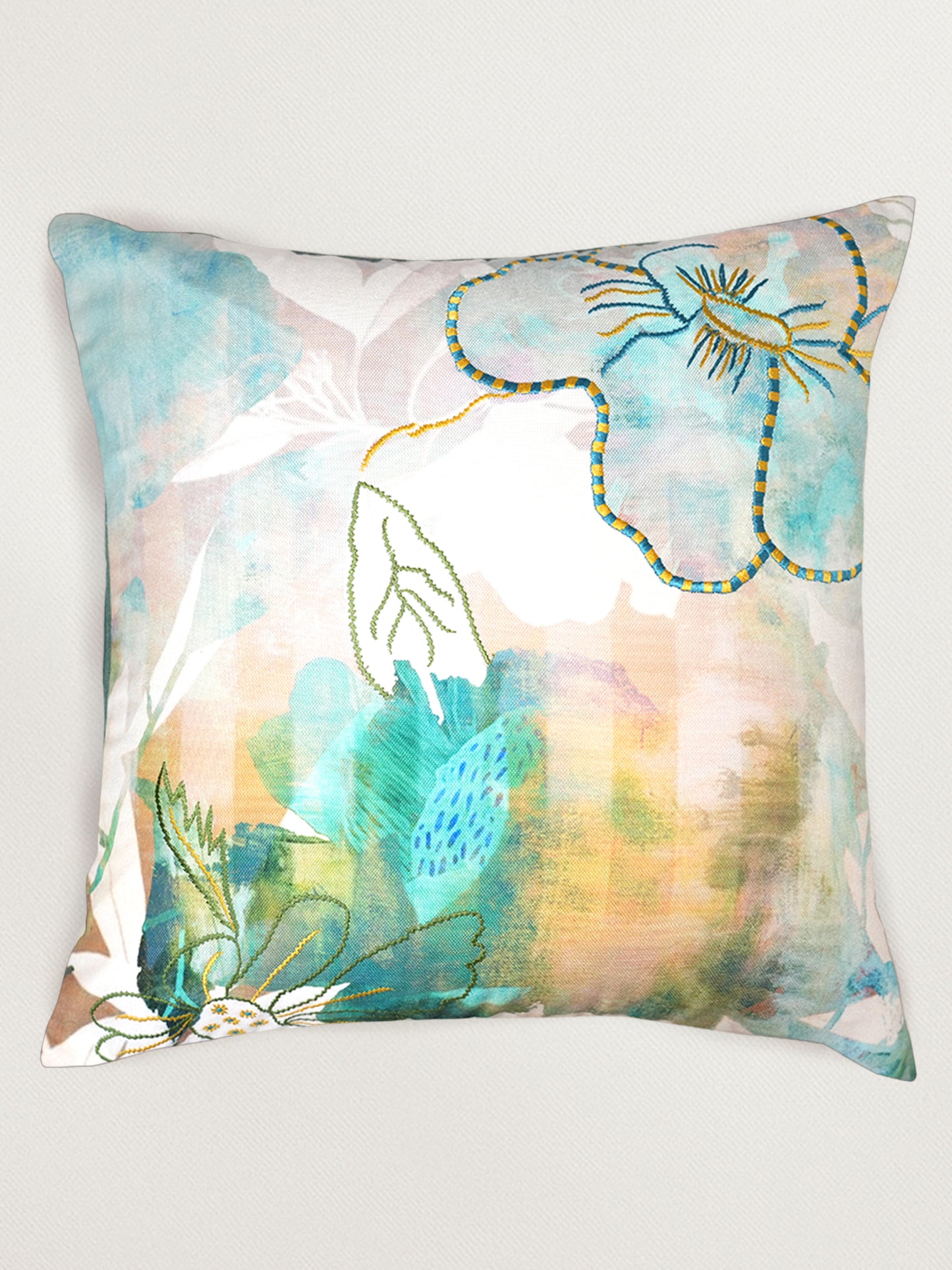 Floral Printed & Embroidered Reversible |16 x 16| Spring Summer Cushion Cover