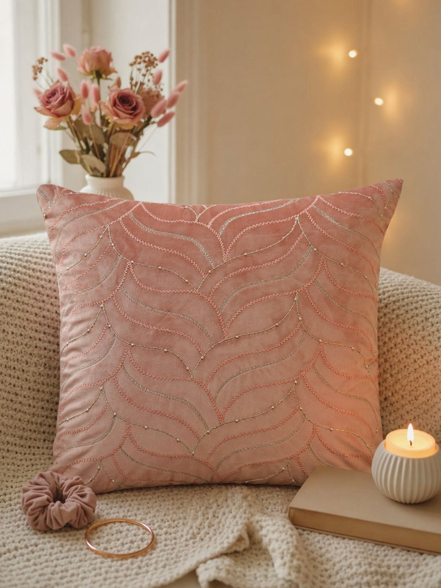 Pink Hand Embroidered 16 x 16 inch | Velvet Cushion Cover