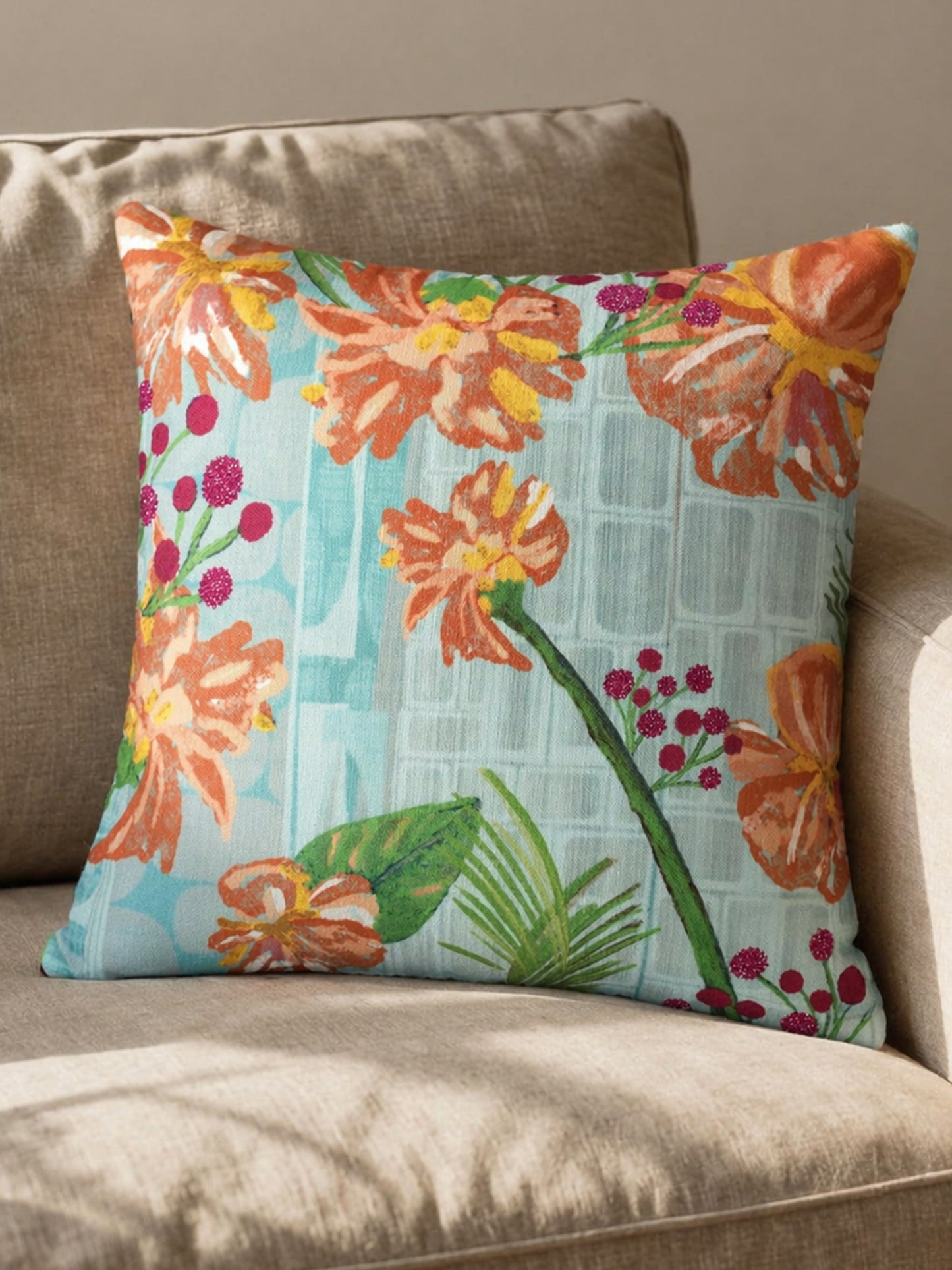 Floral Hand Embroidered Reversible | 16 x 16 inch | Spring Summer Cushion Cover