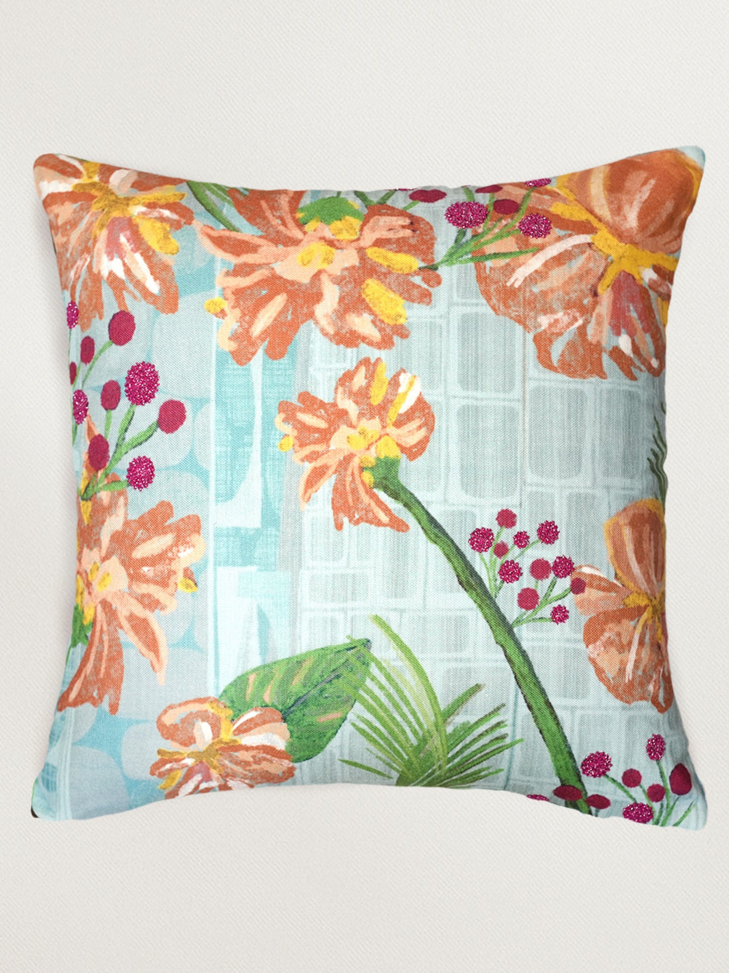 Floral Hand Embroidered Reversible | 16 x 16 inch | Spring Summer Cushion Cover