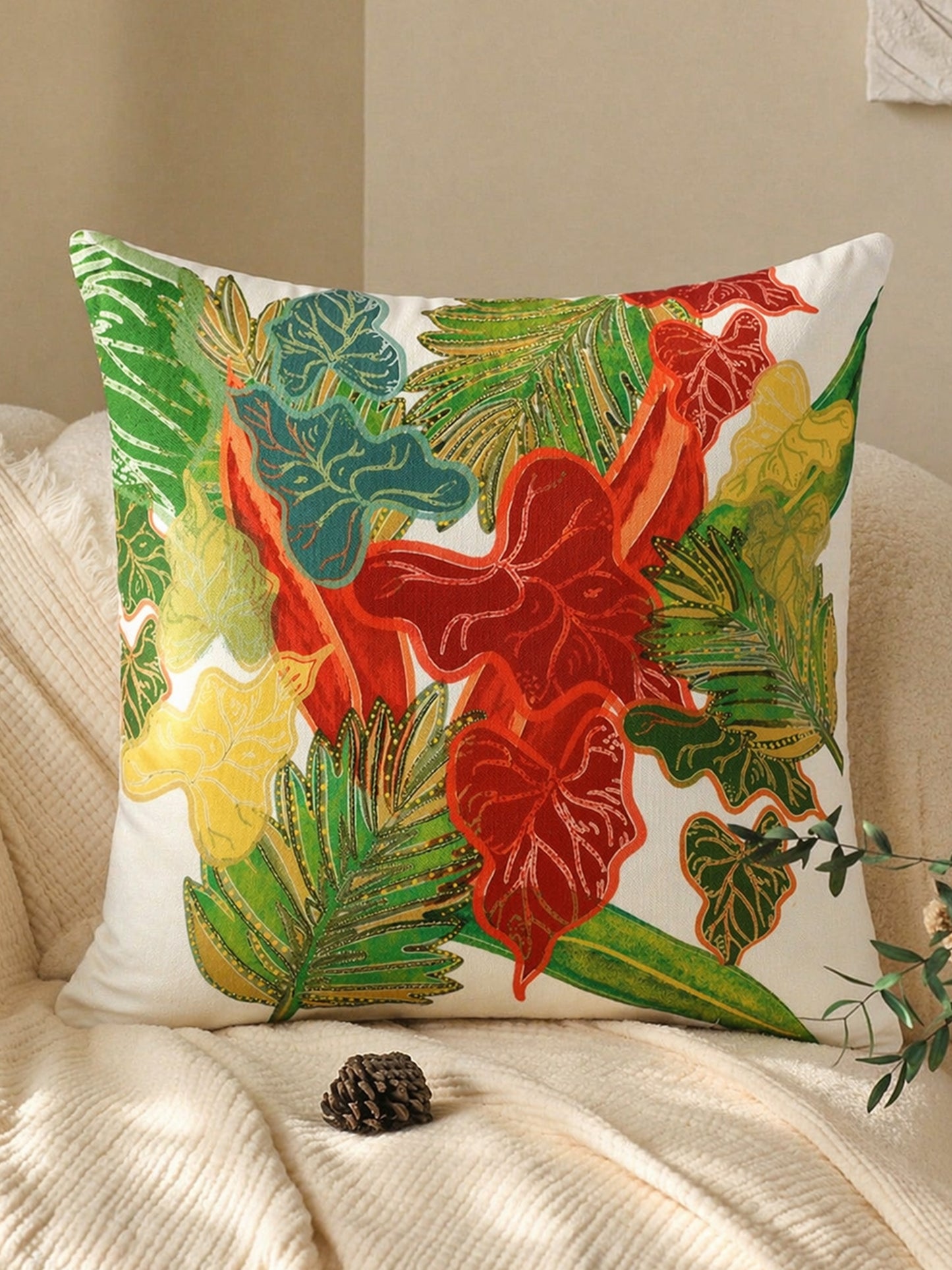 Leaf Embroidered Taka Reversible| 16 x 16 inch | Spring Summer Cushion Cover