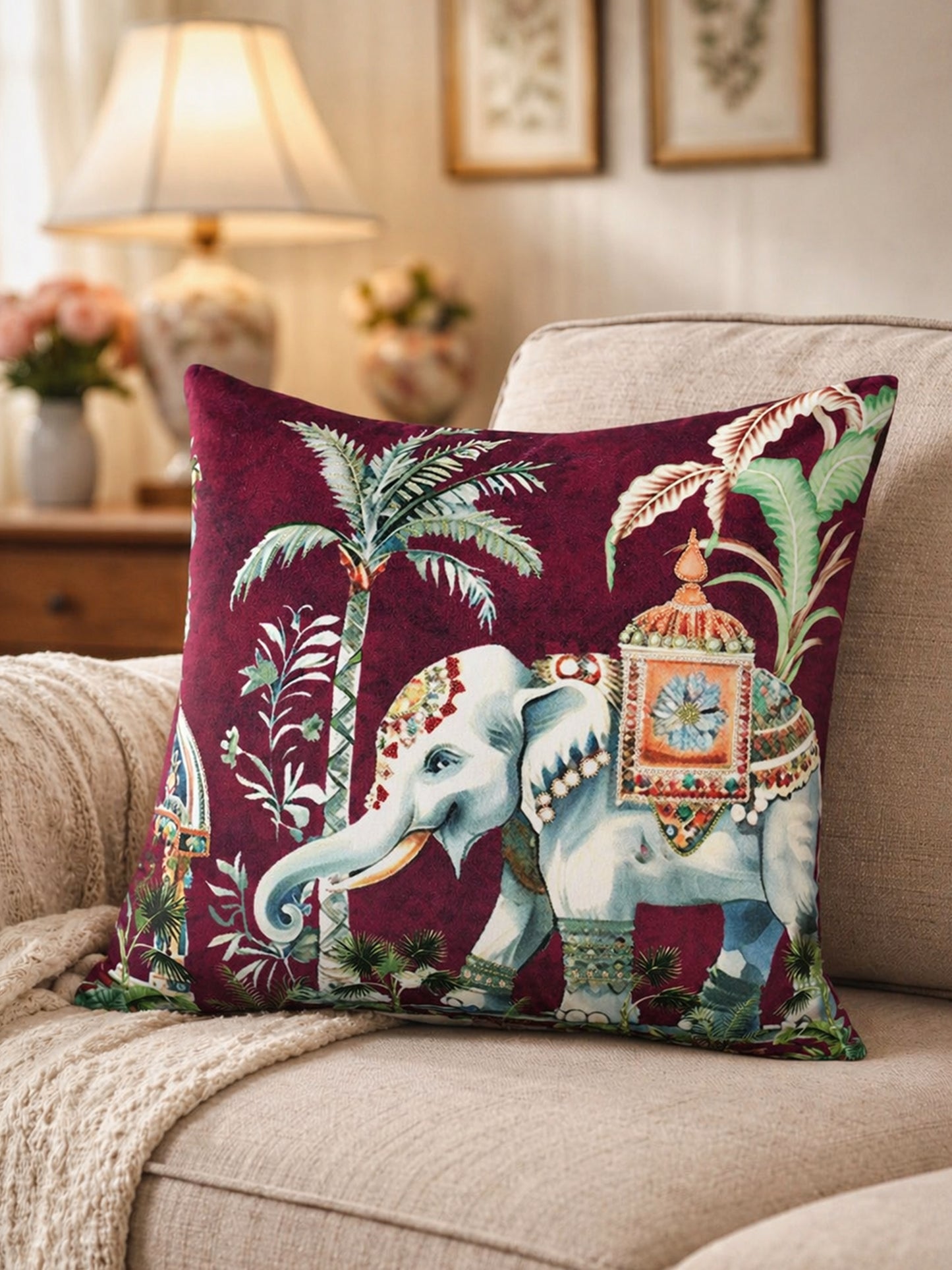 Motif Embroidered & Printed 16 x 16 inch | Velvet Cushion Cover