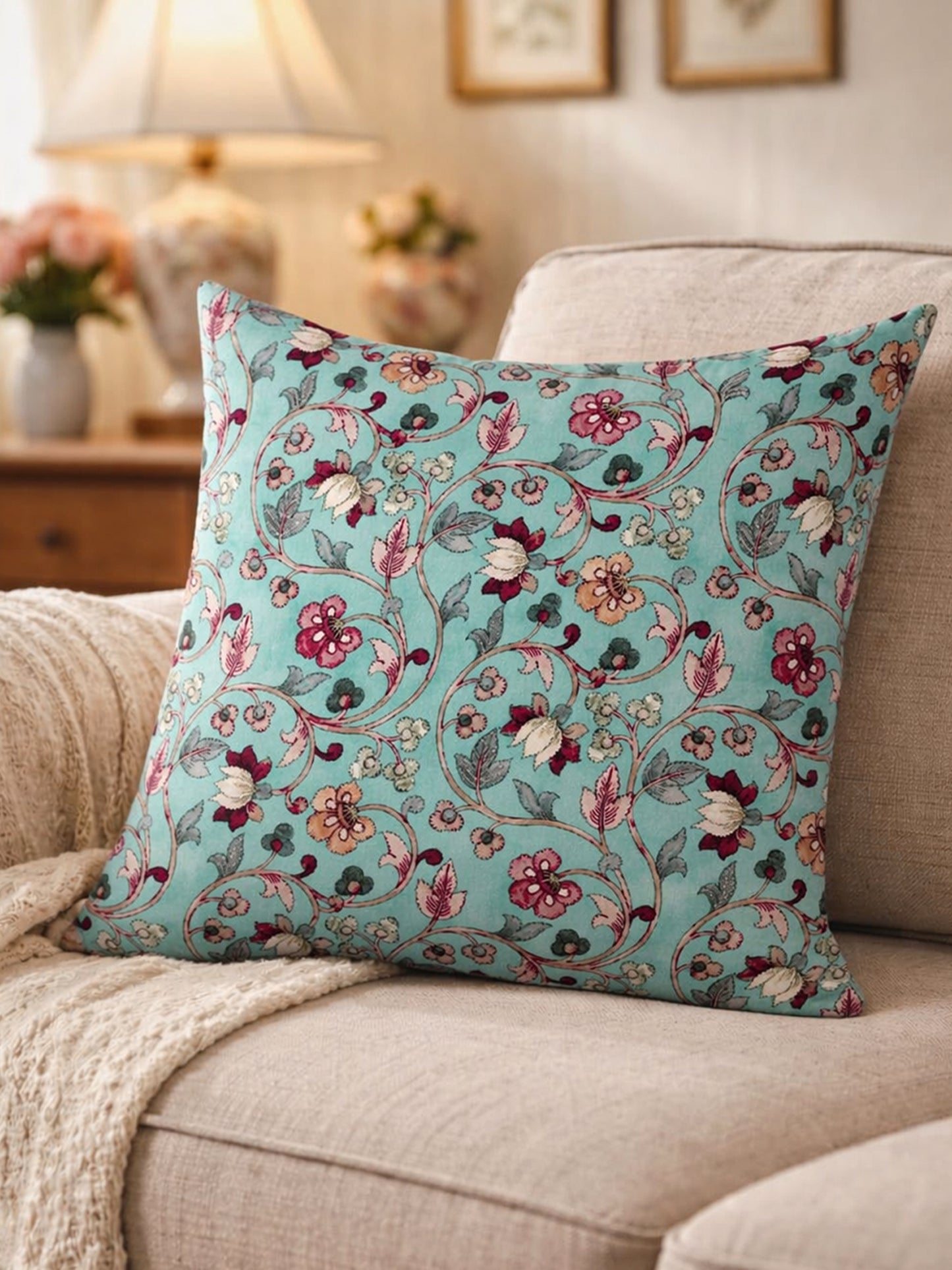 Floral Hand Embroidered & Printed | 16 x 16 inch Velvet Cushion Cover