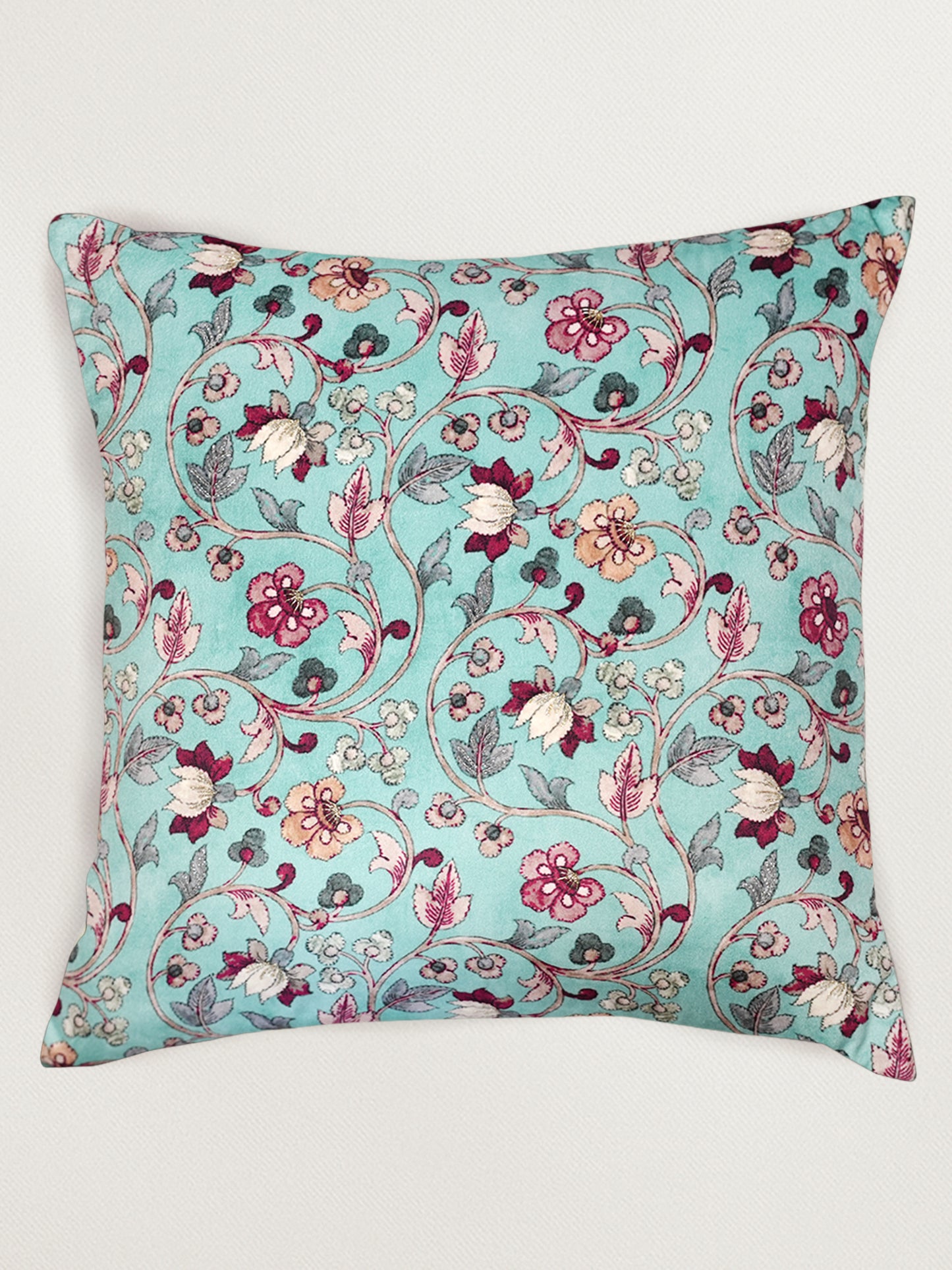 Floral Hand Embroidered & Printed | 16 x 16 inch Velvet Cushion Cover