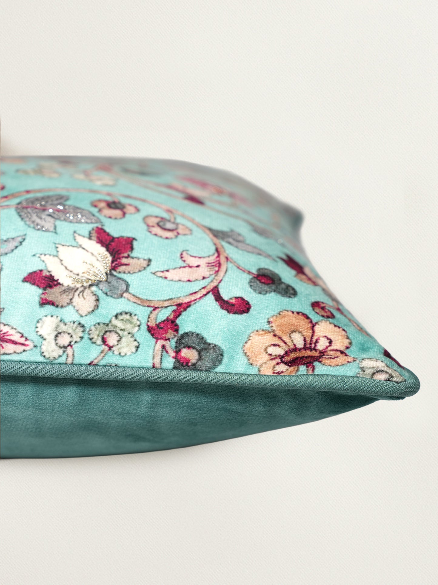 Floral Hand Embroidered & Printed | 16 x 16 inch Velvet Cushion Cover