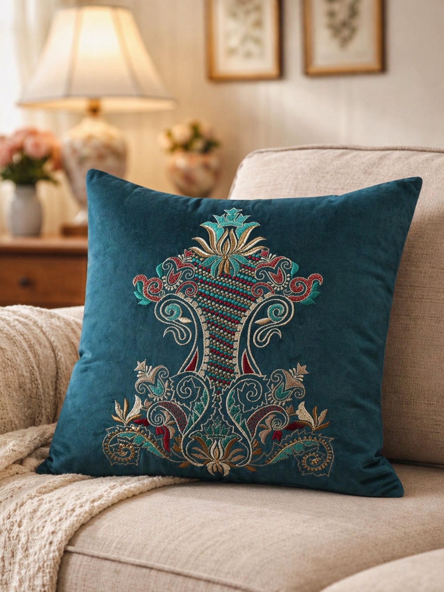 Hand Embroidered Velvet 18 x 18 inch | Peacock Green Cushion Cover