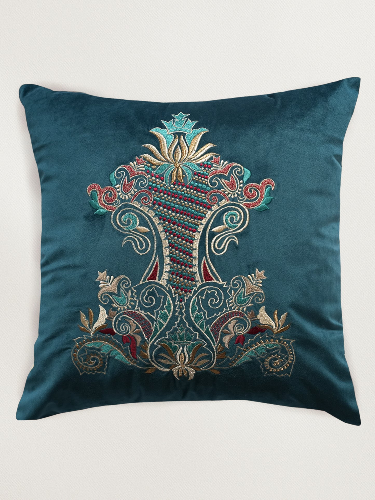 Hand Embroidered Velvet 18 x 18 inch | Peacock Green Cushion Cover