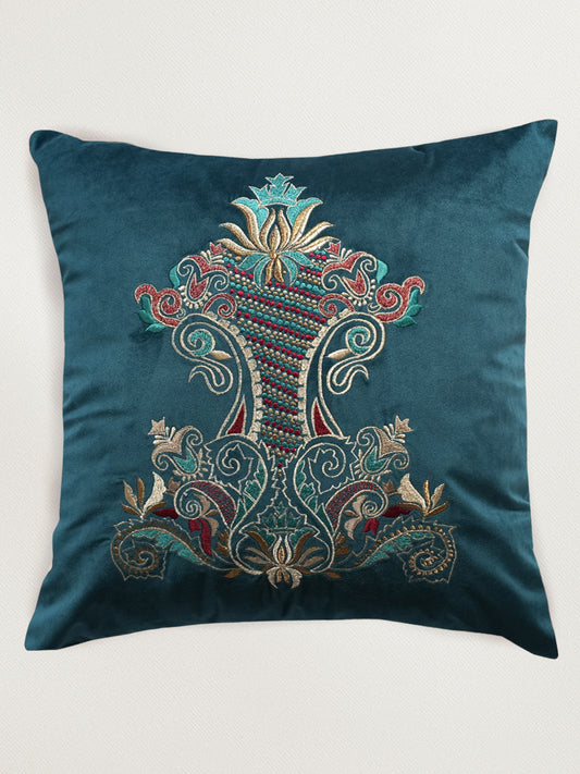 Hand Embroidered Velvet 18 x 18 inch | Peacock Green Cushion Cover