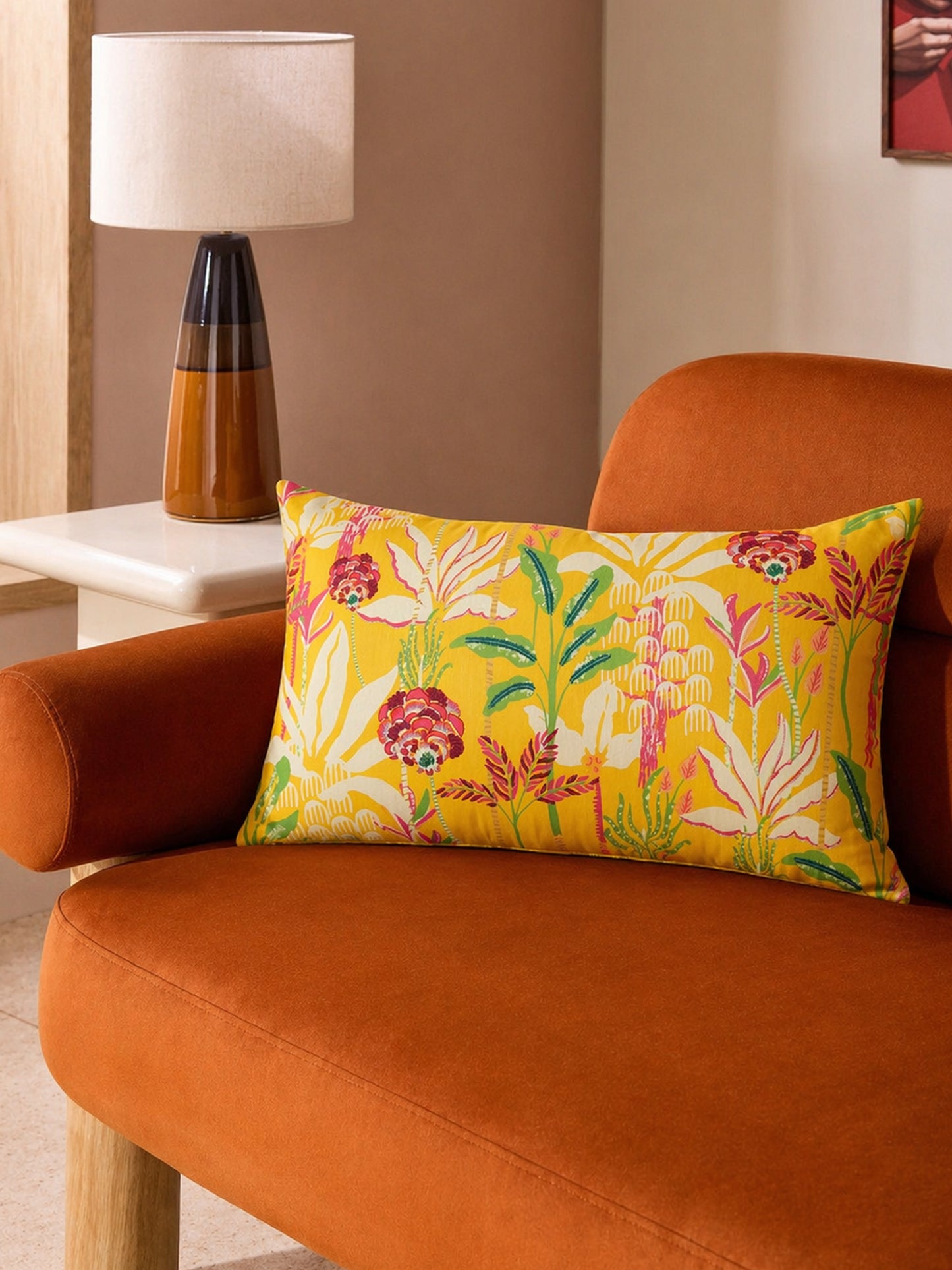 Abstract Floral Embroidered & Printed 12 x 22 inch | Linen Cushion Cover