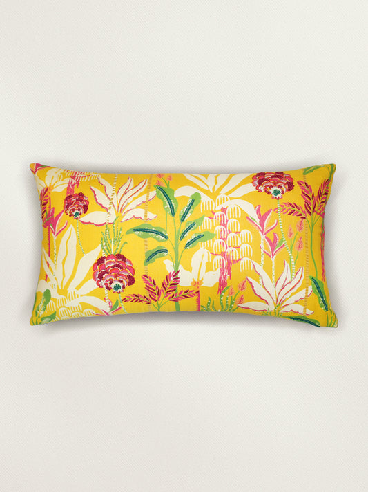 Abstract Floral Embroidered & Printed 12 x 22 inch | Linen Cushion Cover