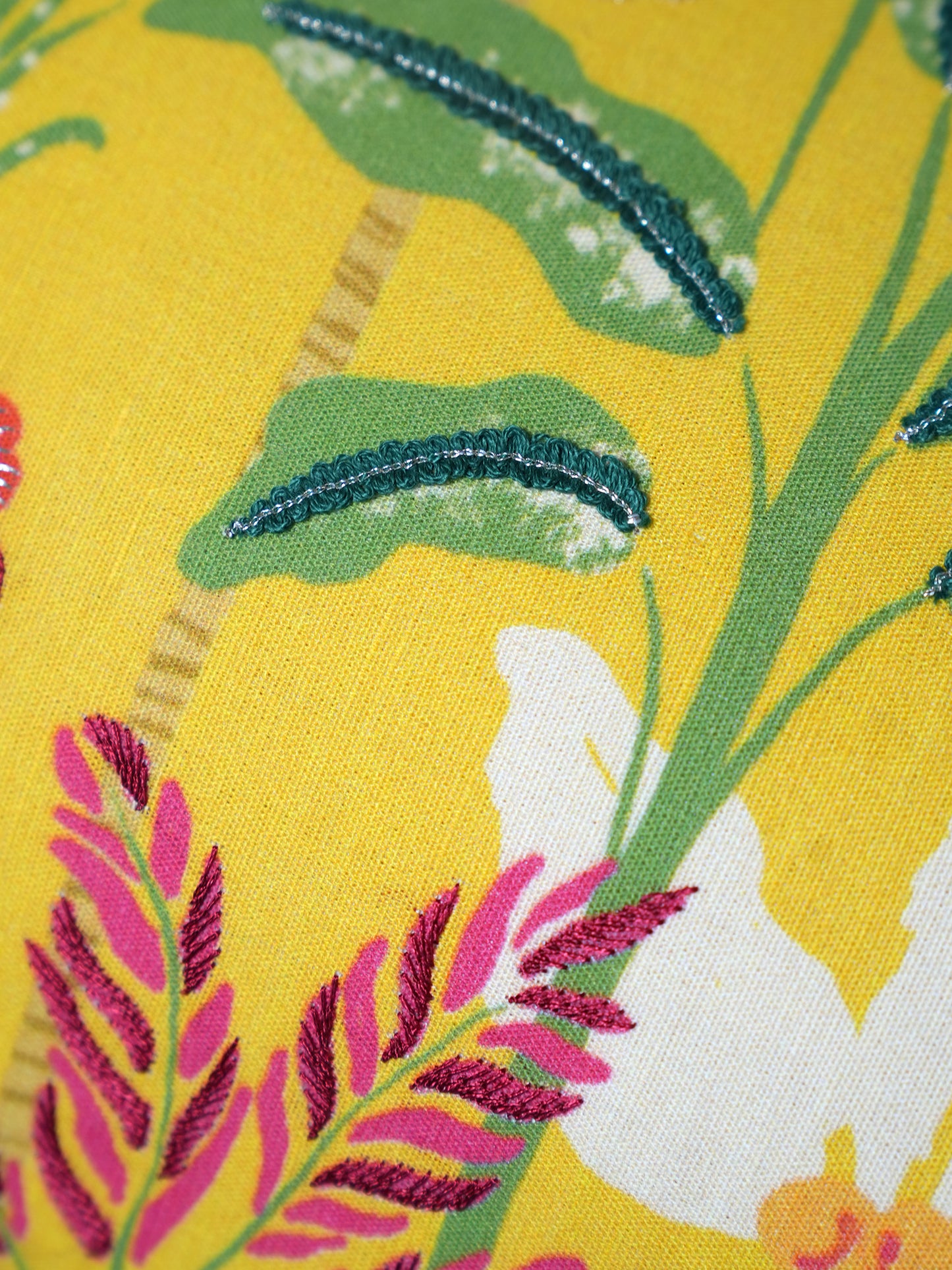 Abstract Floral Embroidered & Printed 12 x 22 inch | Linen Cushion Cover