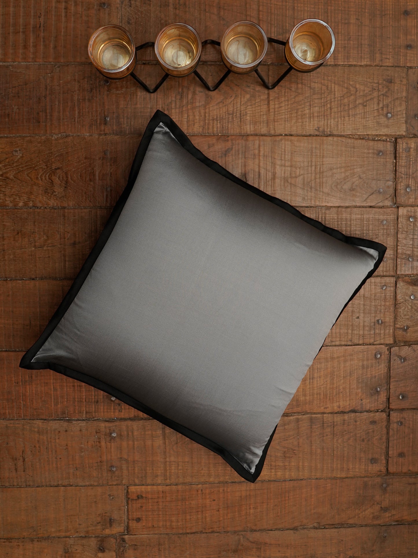 Flat Border Piping Polyester Cushion Cover | 16 Inch x 16 Inch | Grey & Black