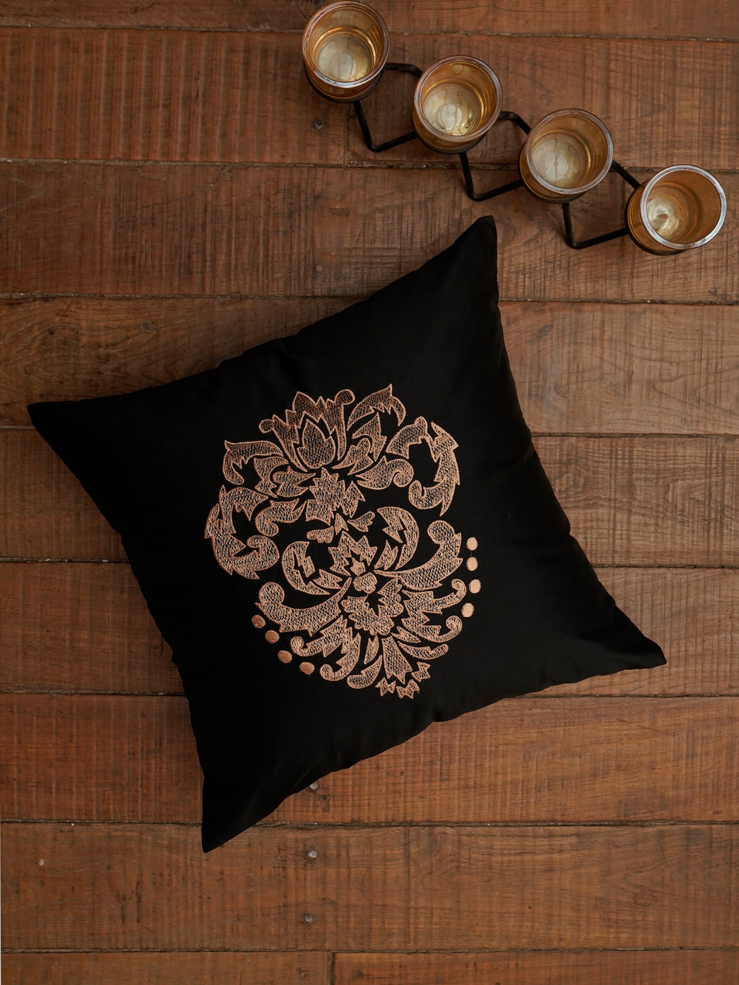 Embroidered Golden Motif | Pitch Black Cushion Cover | Standard 16 Inch x 16 Inch | Durable Polyester Fabric