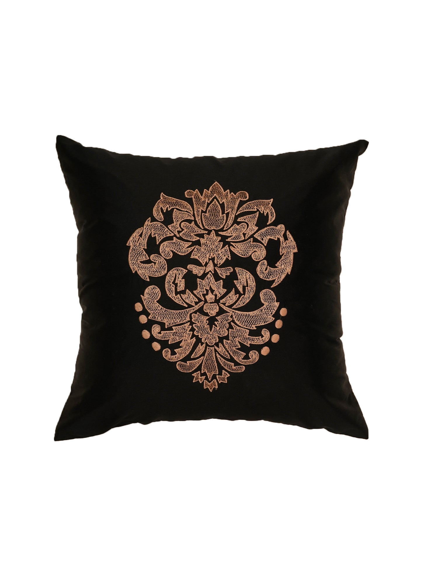 Embroidered Golden Motif | Pitch Black Cushion Cover | Standard 16 Inch x 16 Inch | Durable Polyester Fabric