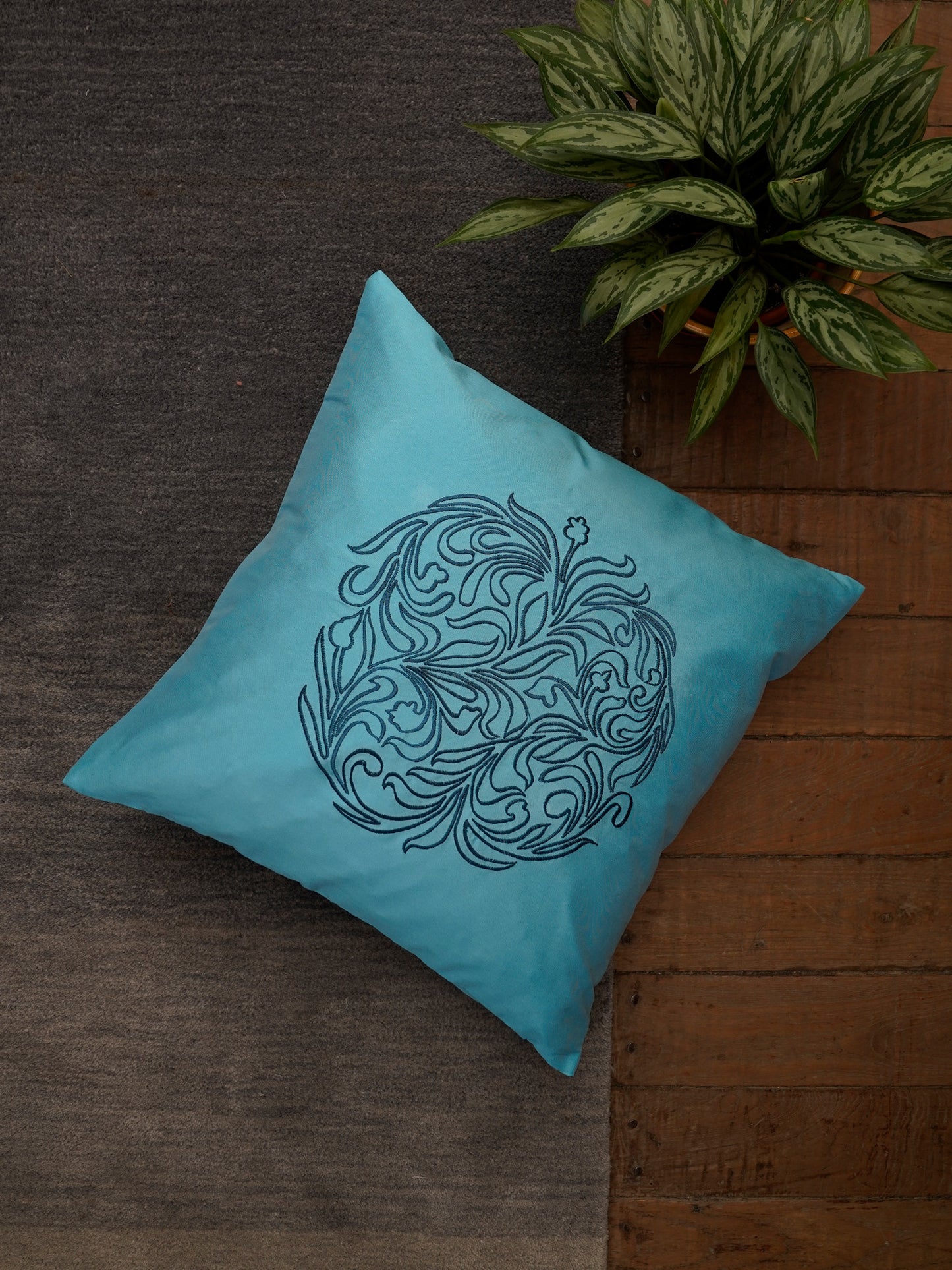Embroidered Black Motif | Aquatic Blue Cushion Cover | Standard 16 Inch x 16 Inch | Durable Polyester Fabric