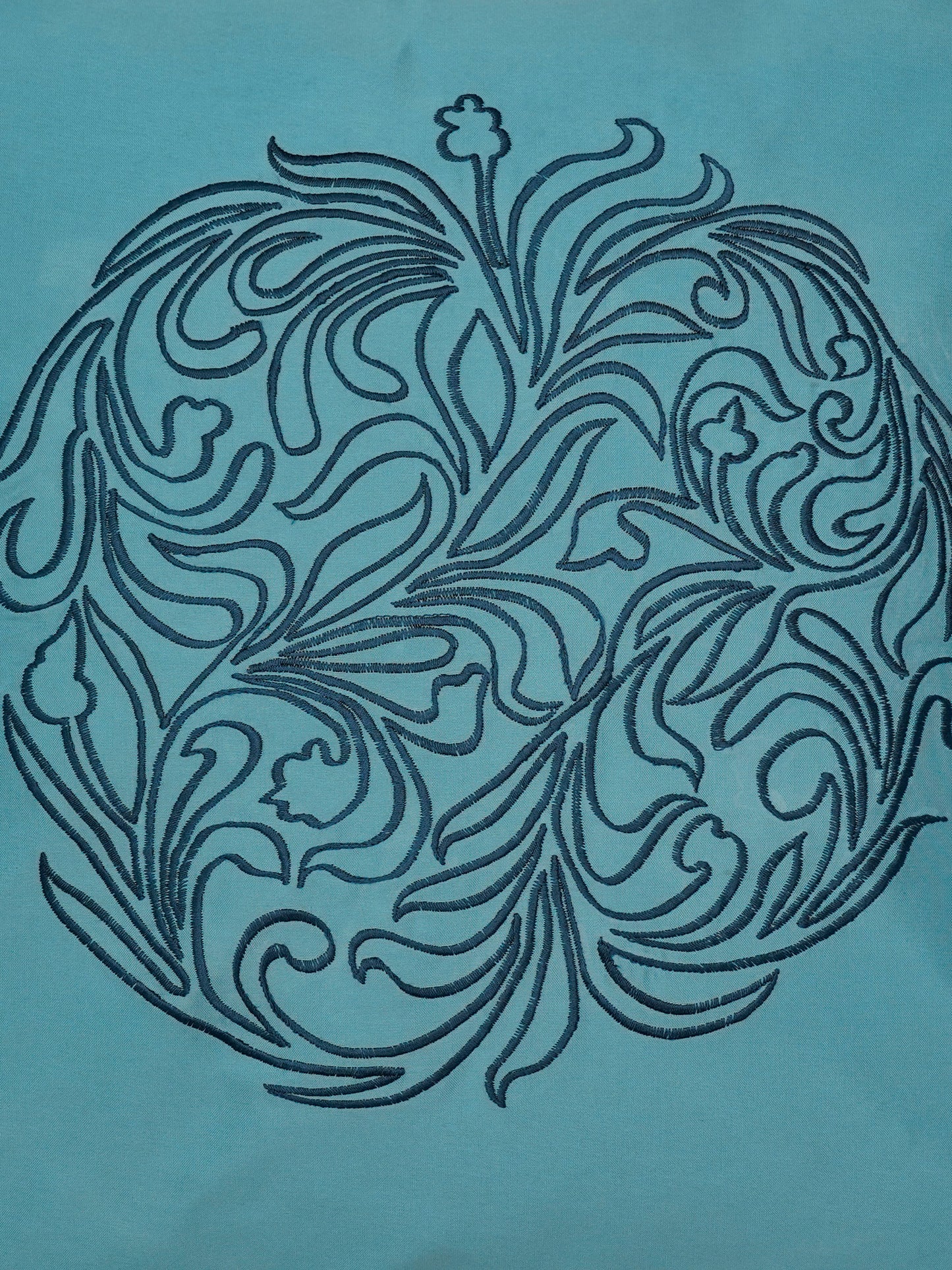 Embroidered Black Motif | Aquatic Blue Cushion Cover | Standard 16 Inch x 16 Inch | Durable Polyester Fabric