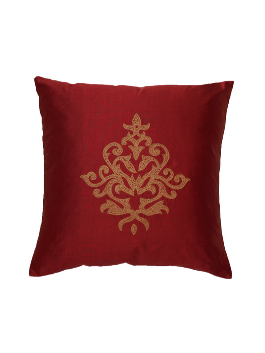 Embroidered Golden Motif | Classy Red Cushion Cover | Standard 16 Inch x 16 Inch | Durable Polyester Fabric