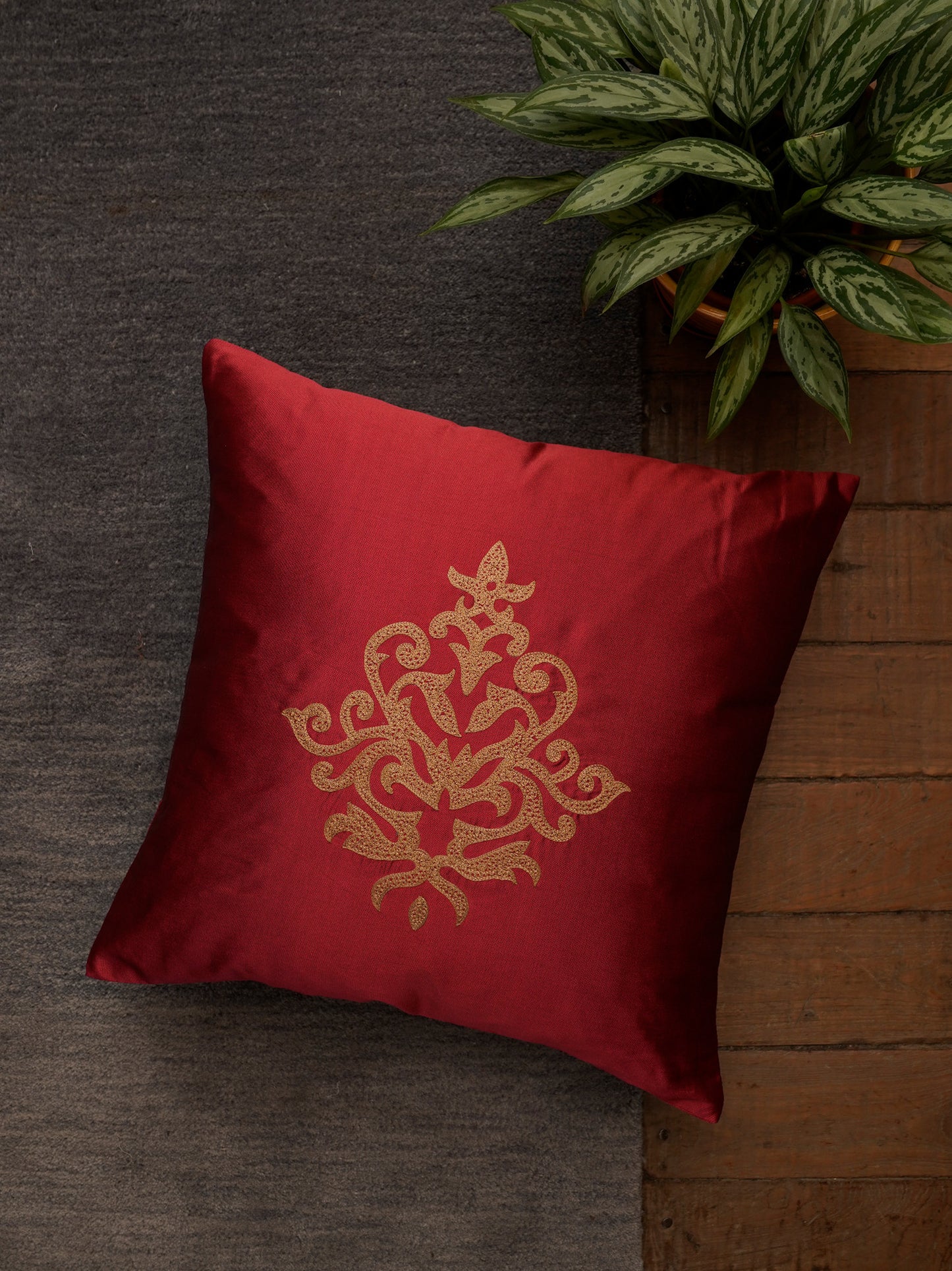 Embroidered Golden Motif | Classy Red Cushion Cover | Standard 16 Inch x 16 Inch | Durable Polyester Fabric