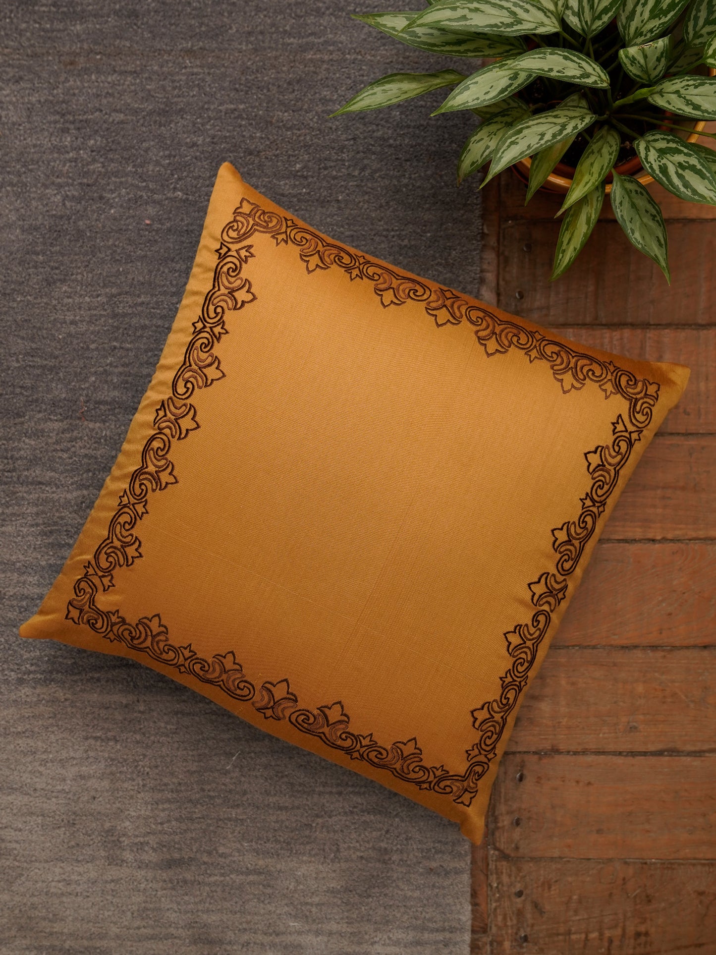 Embroidered Brown Motif | 18 Karat Golden Cushion Cover | Standard 16 Inch x 16 Inch | Durable Polyester Fabric