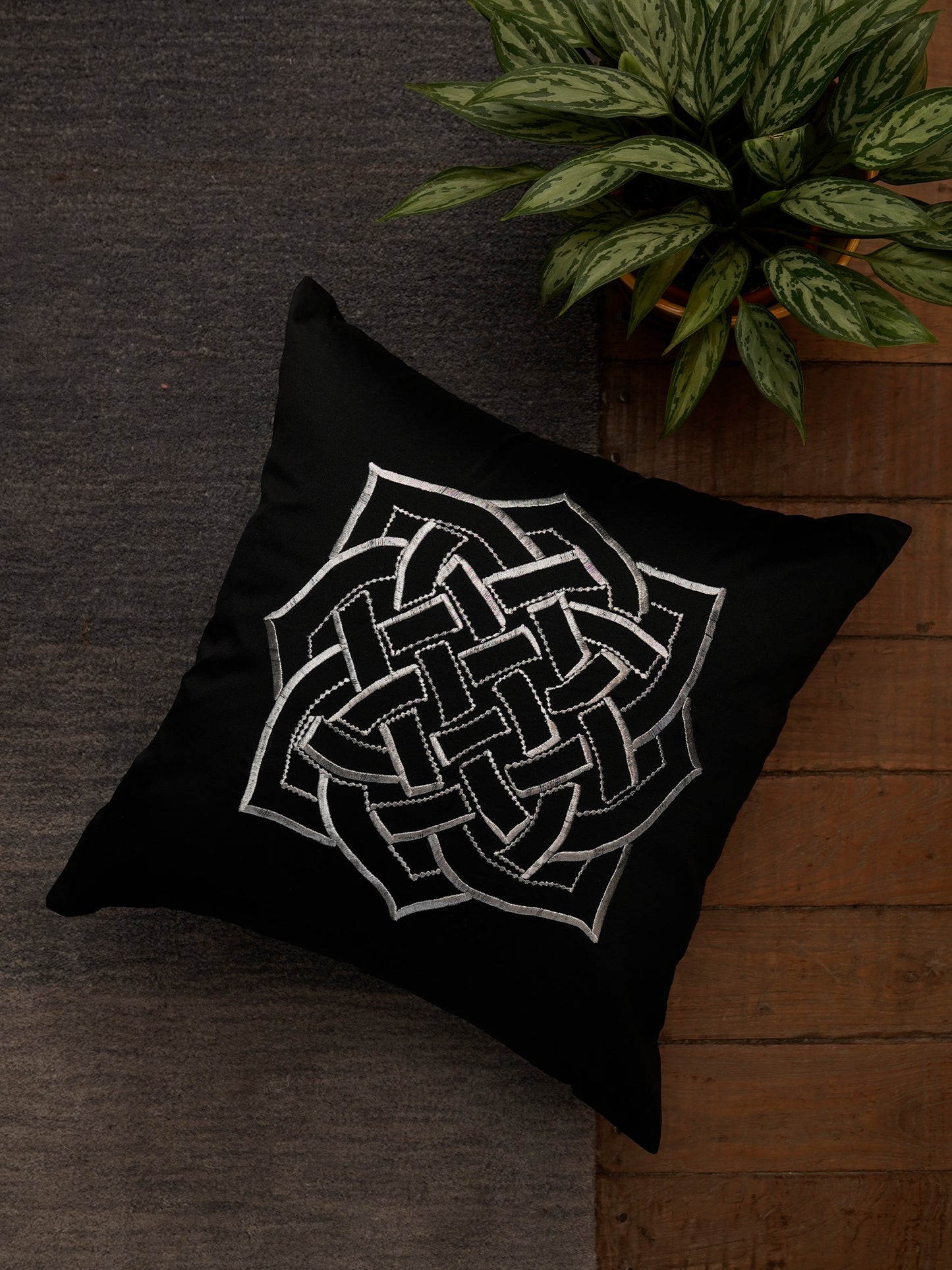 Embroidered Silver Motif | Pitch Black Cushion Cover | Standard 16 Inch x 16 Inch | Durable Polyester Fabric