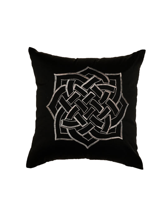 Embroidered Silver Motif | Pitch Black Cushion Cover | Standard 16 Inch x 16 Inch | Durable Polyester Fabric