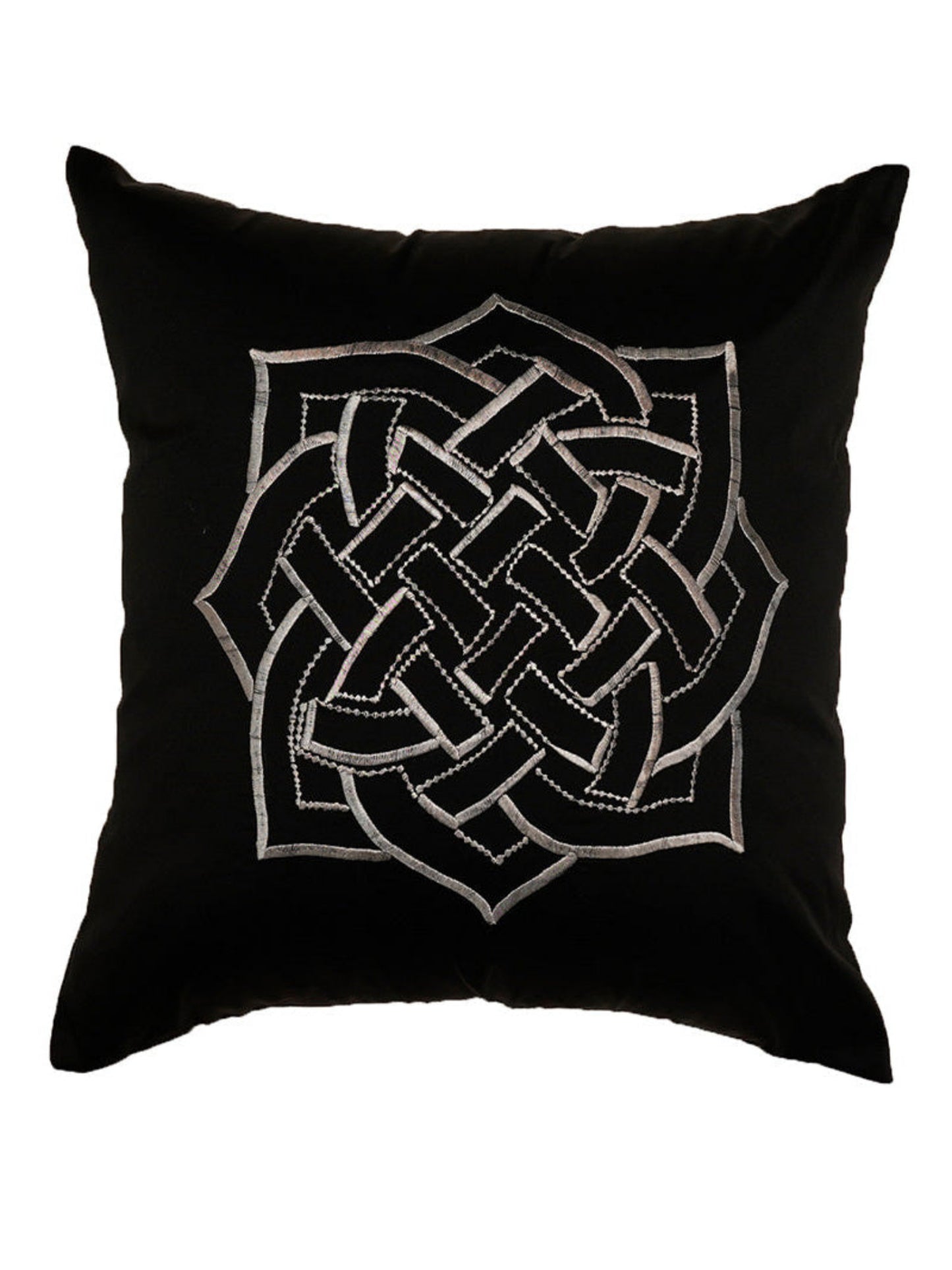 A square black throw pillow featuring a large silver Celtic knot design embroidered in the center, set against a plain white background.
