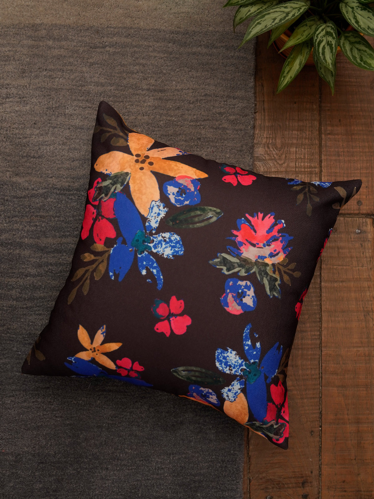 Cushion Cover Polycanvas Watercolor Florals Brown  - 16" X 16"