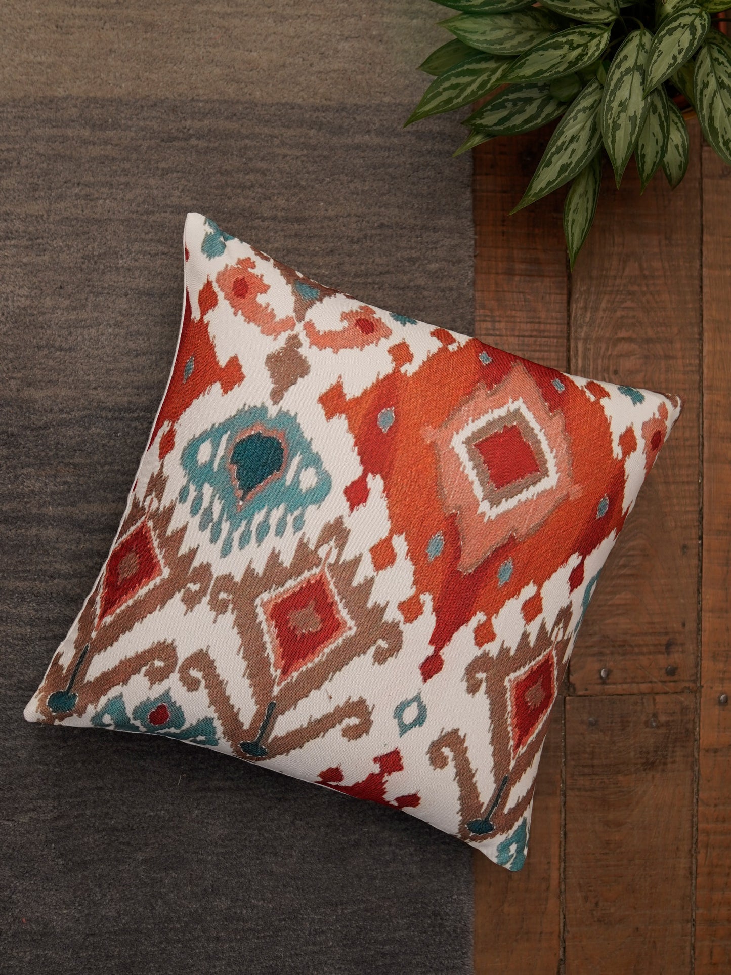 Cushion Covers Set Of 3 Polycanvas Printed Abstract Ikat Pattern Multicolor- 16" X 16"