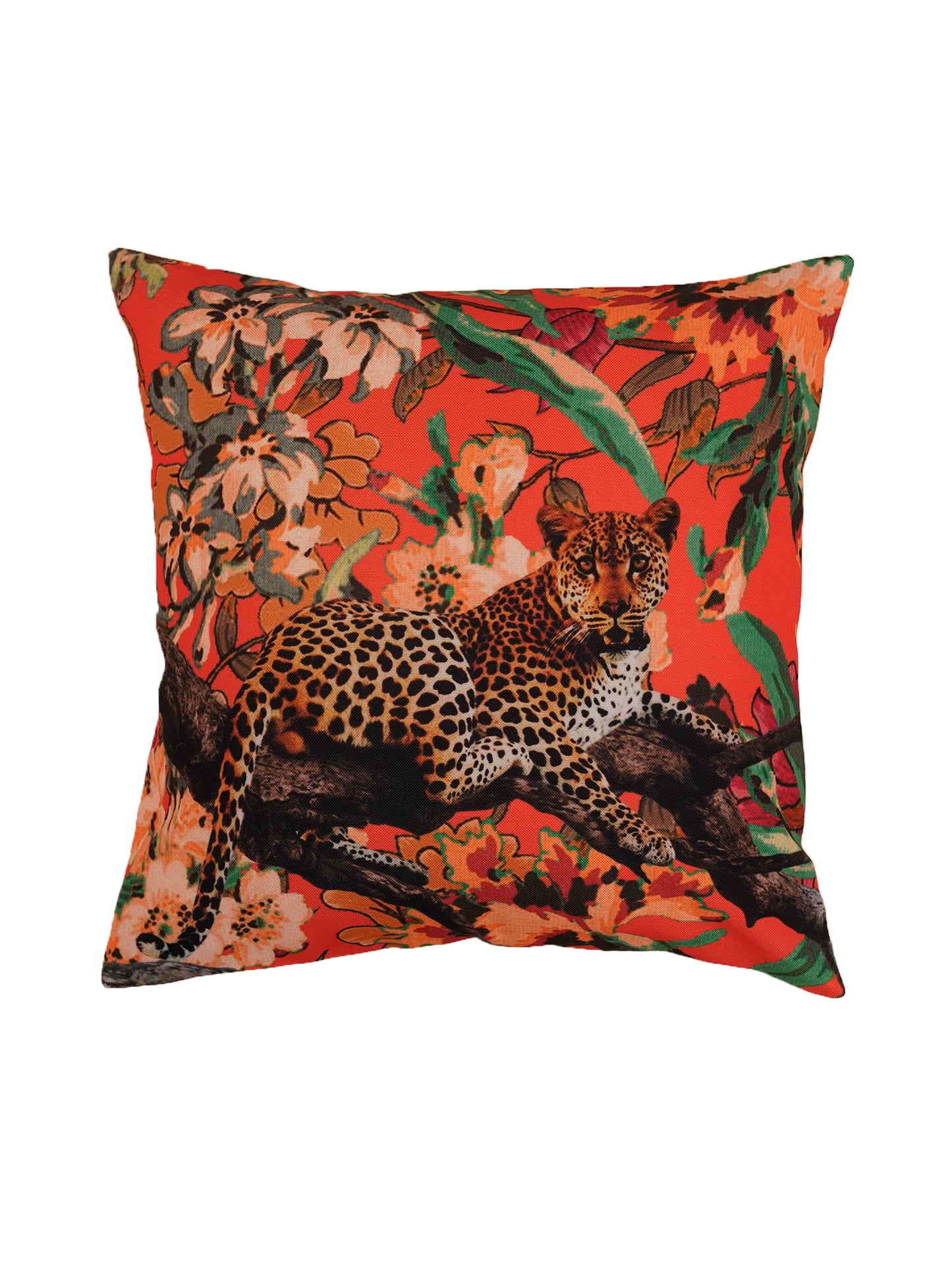 Leopard Print Cushion Cover 16x16 Inch | Red Poly-Canvas Wildlife Home Decor