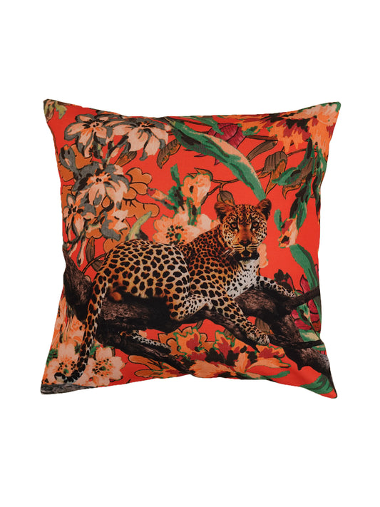 Leopard Print Cushion Cover 16x16 Inch | Red Poly-Canvas Wildlife Home Decor
