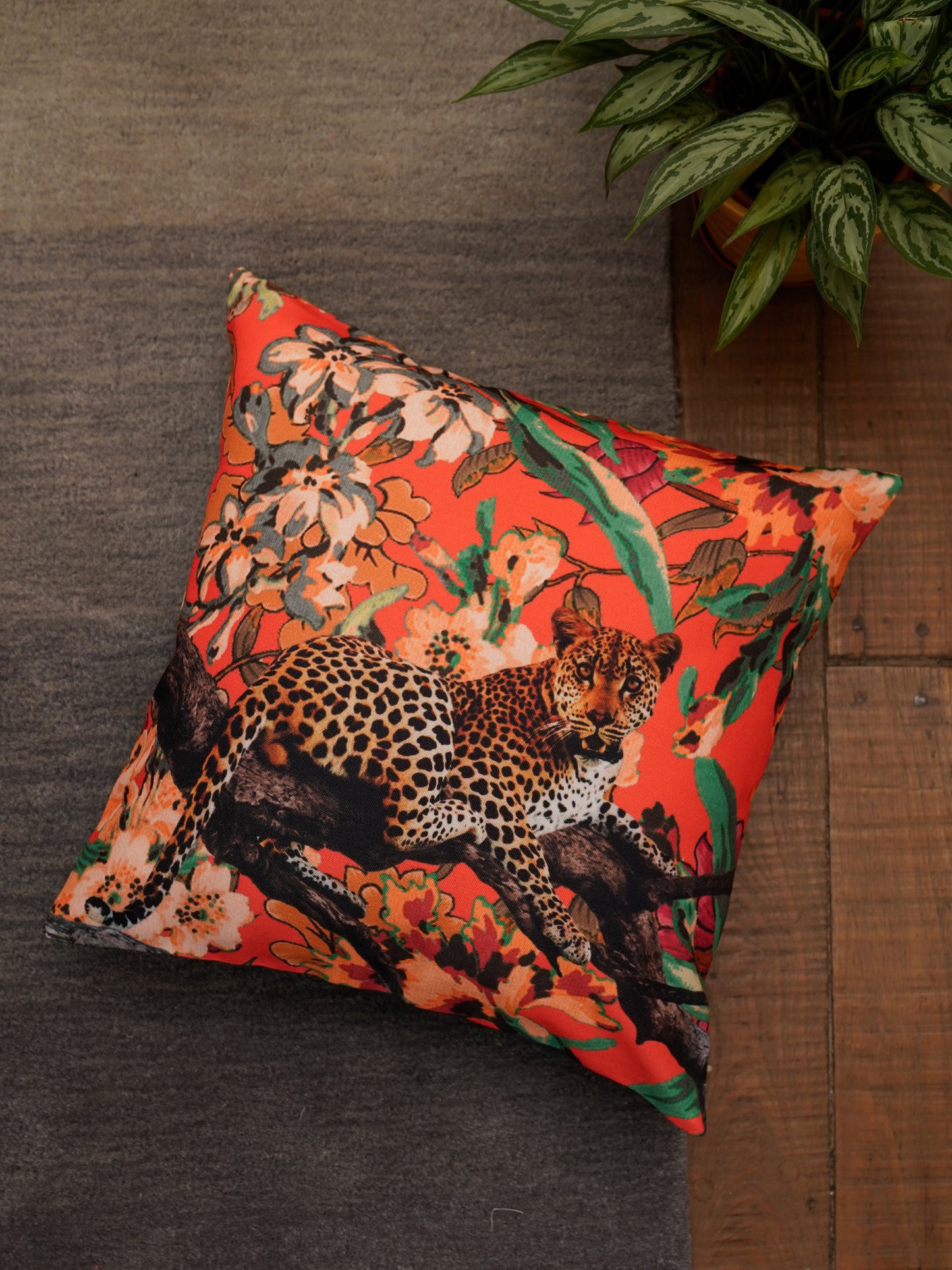 Leopard Print Cushion Cover 16x16 Inch | Red Poly-Canvas Wildlife Home Decor