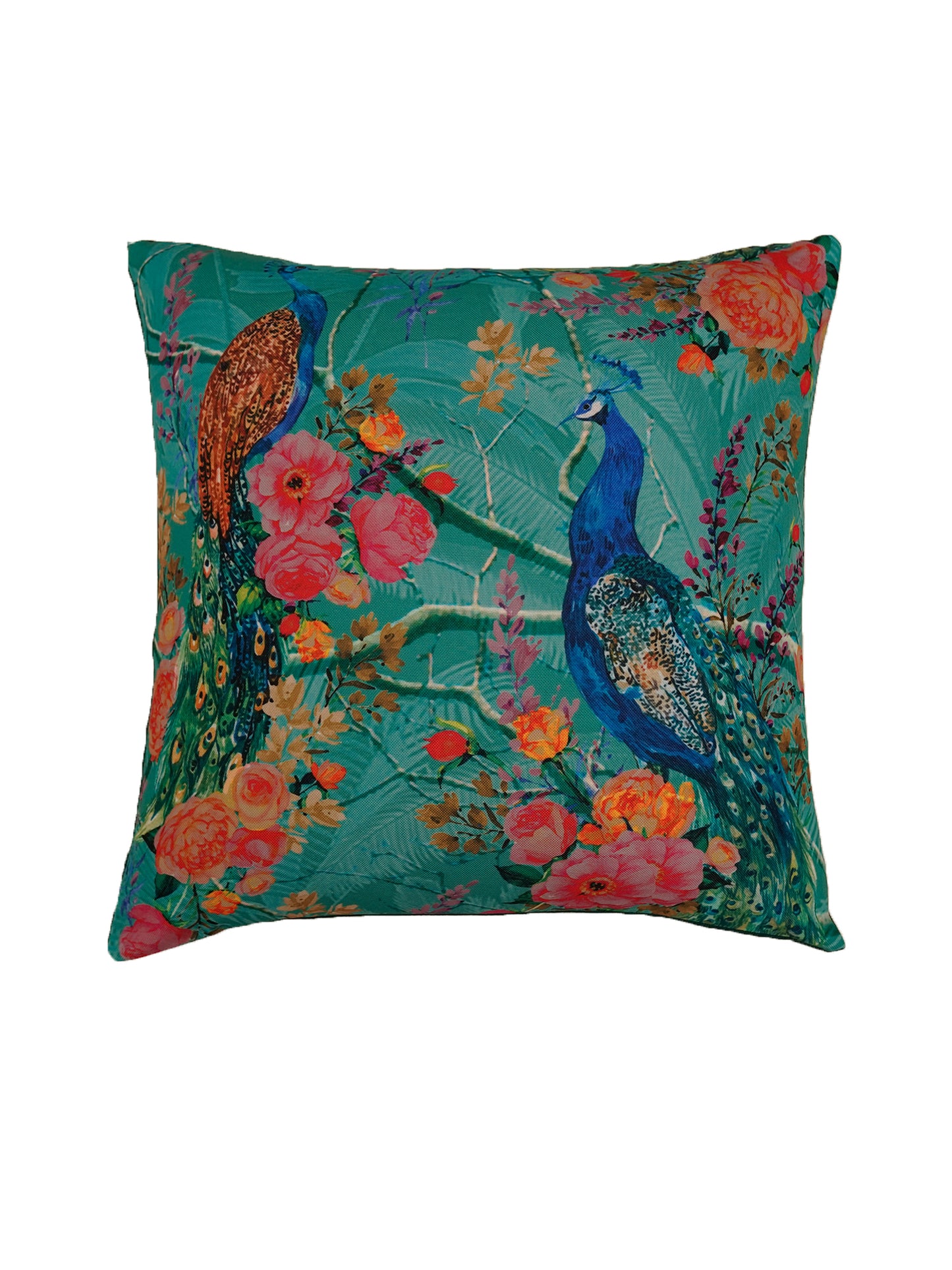 Peacock Poly-Canvas Cushion Cover 16x16 Inch | Hand-Printed Blue Jewel Tones | Premium Home Decor